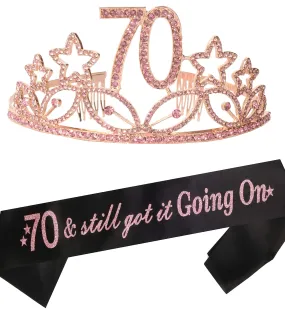 70th Birthday Gifts for Woman, 70th Birthday Tiara and Sash pink, HAPPY 70th Birthday
