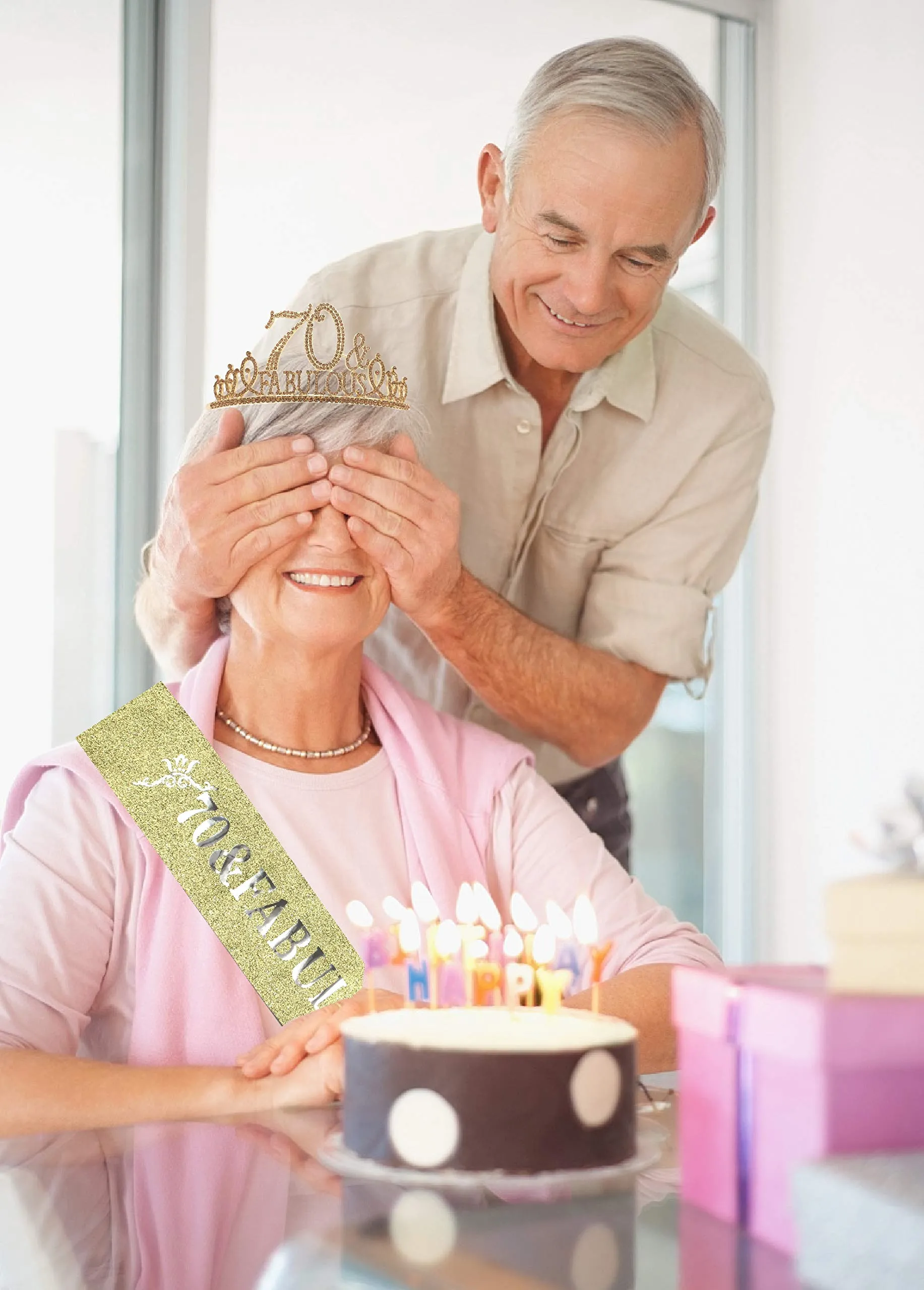 70th Birthday Gifts for Women, 70th Birthday Tiara and Sash Golden, 70th Birthday