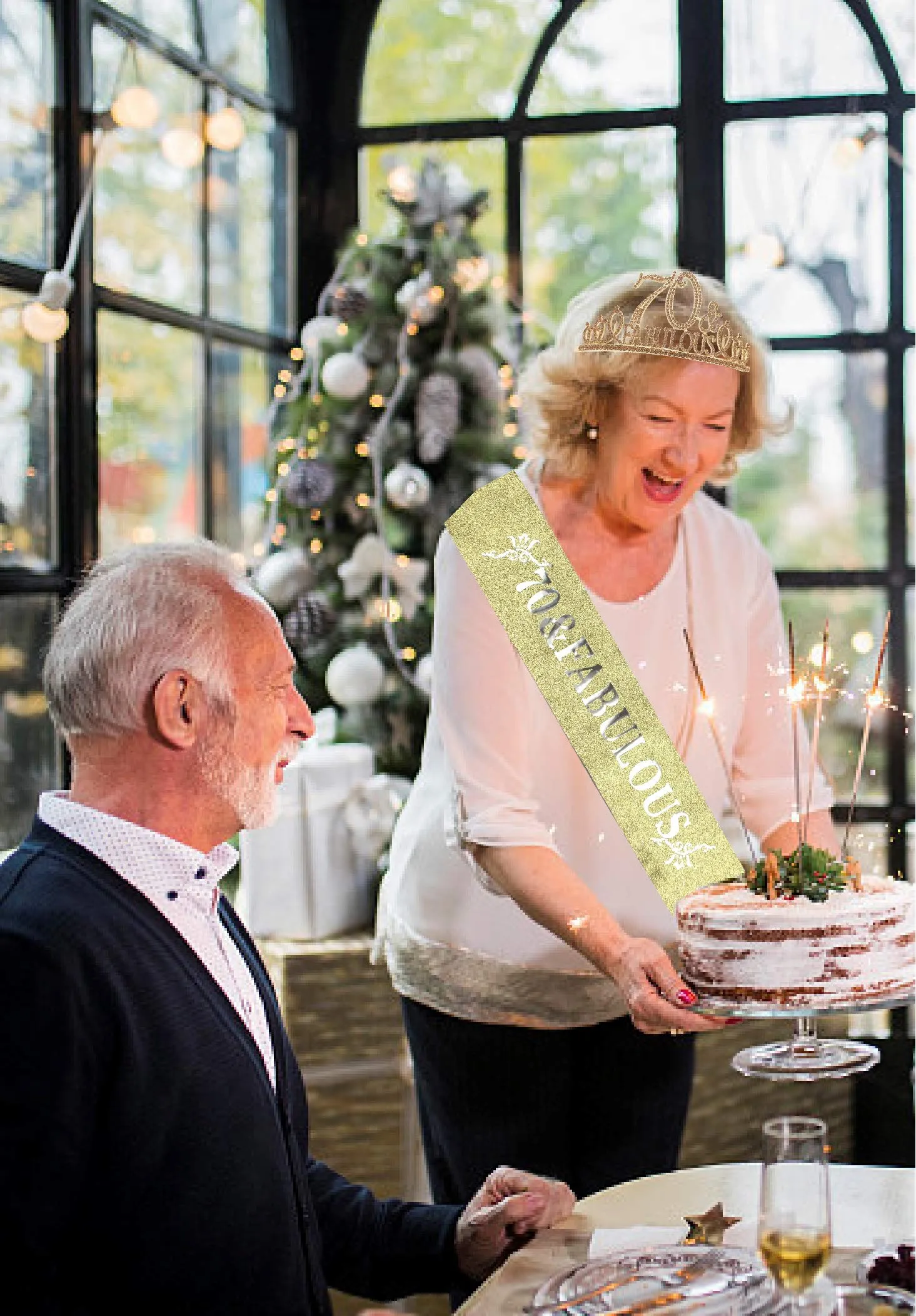 70th Birthday Gifts for Women, 70th Birthday Tiara and Sash Golden, 70th Birthday