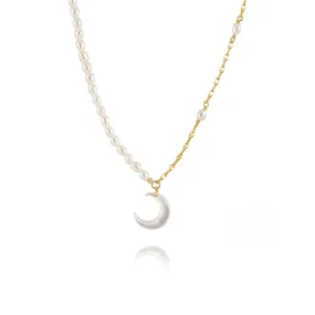 925 Silver Crescent Moon Pendant Pearl Necklace
