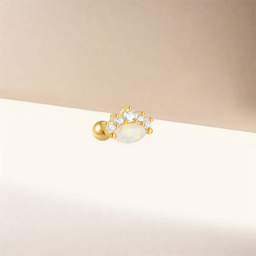 925 Silver Round Opal With Round CZ Diamond Ball Back Earrings