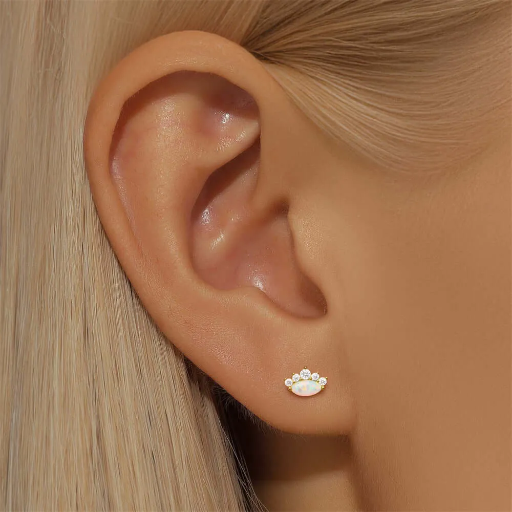 925 Silver Round Opal With Round CZ Diamond Ball Back Earrings