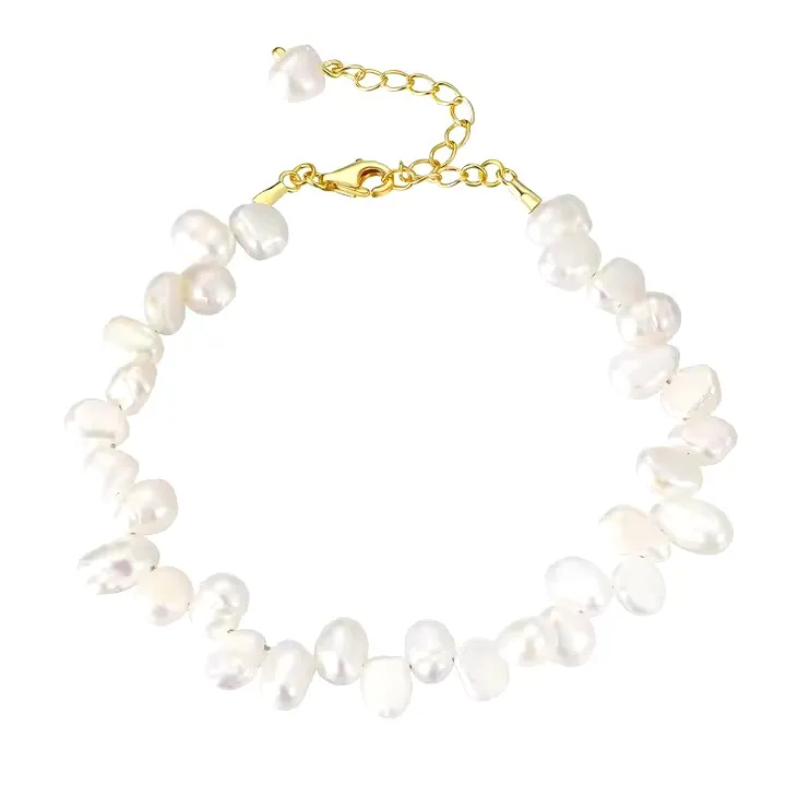 925 Sterling Silver Bracelet 18ct Gold Plating with All-Round Irregular shaped 6mm Fresh Water Pearls