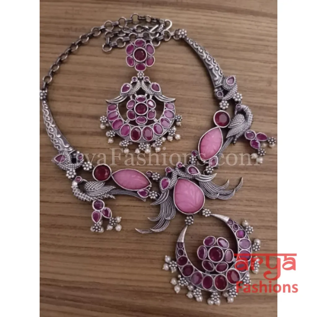 Aisha Dual Tone Oxidized Silver Statement Necklace with Handcarved Stones