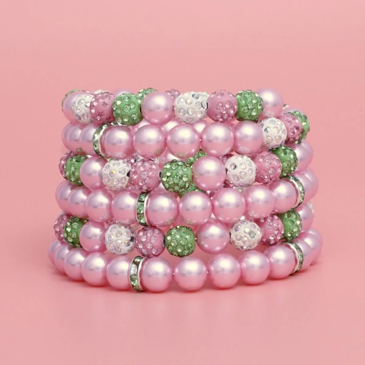 AKA Alpha Kappa Alpha Inspired Jewelry Pink Pearl and Bead Memory Wire Bracelet