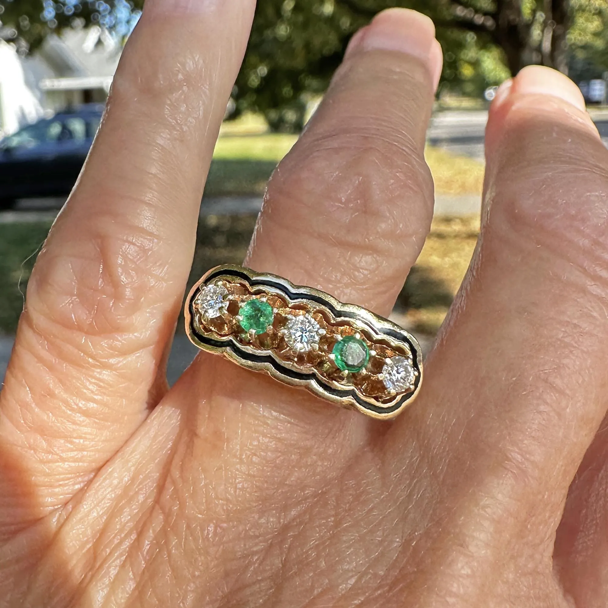 Antique 14K Gold Enamel Diamond Emerald Ring