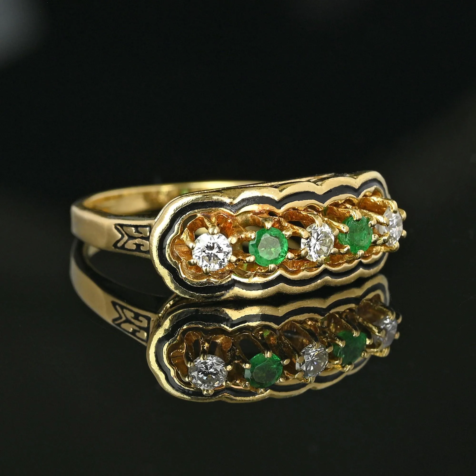 Antique 14K Gold Enamel Diamond Emerald Ring