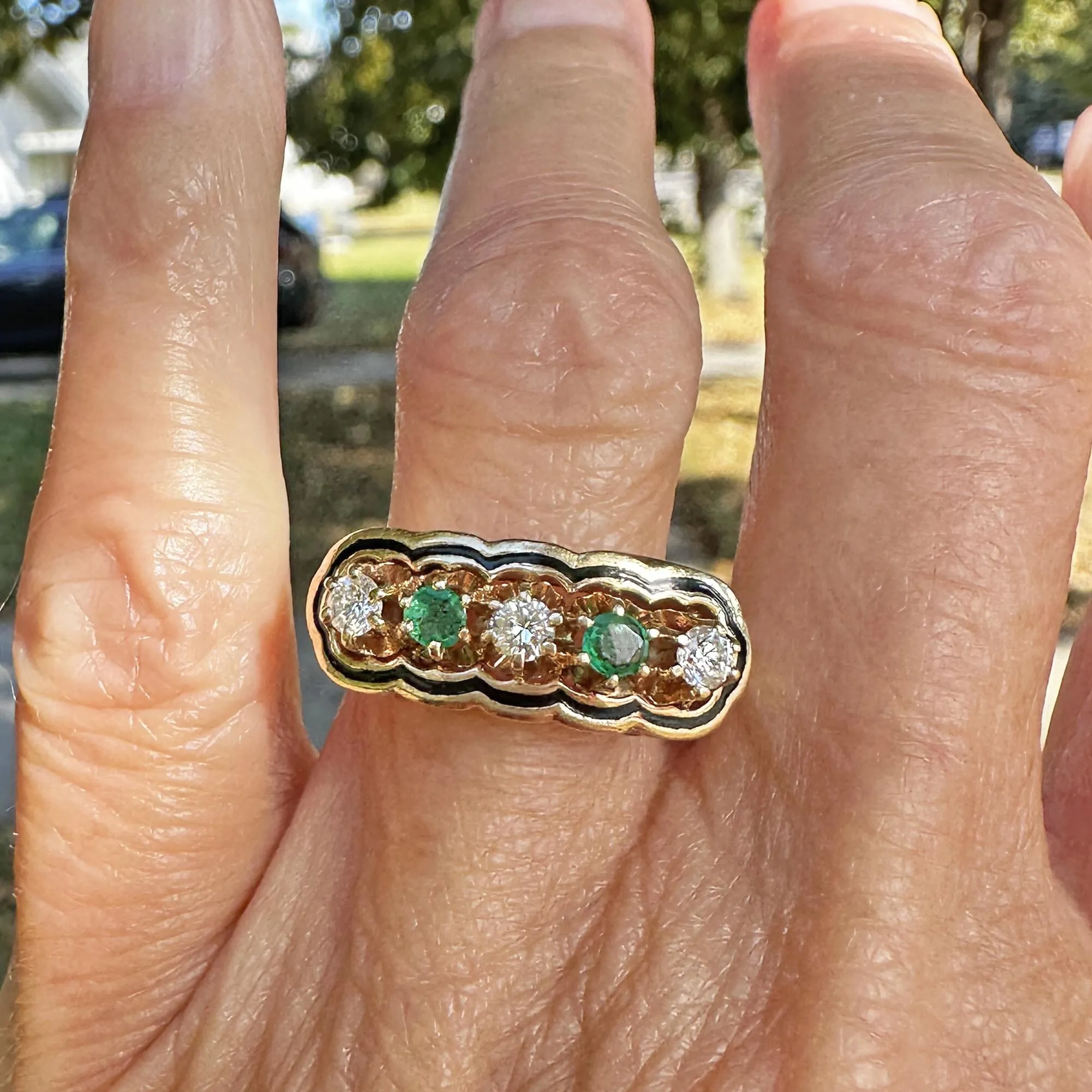 Antique 14K Gold Enamel Diamond Emerald Ring