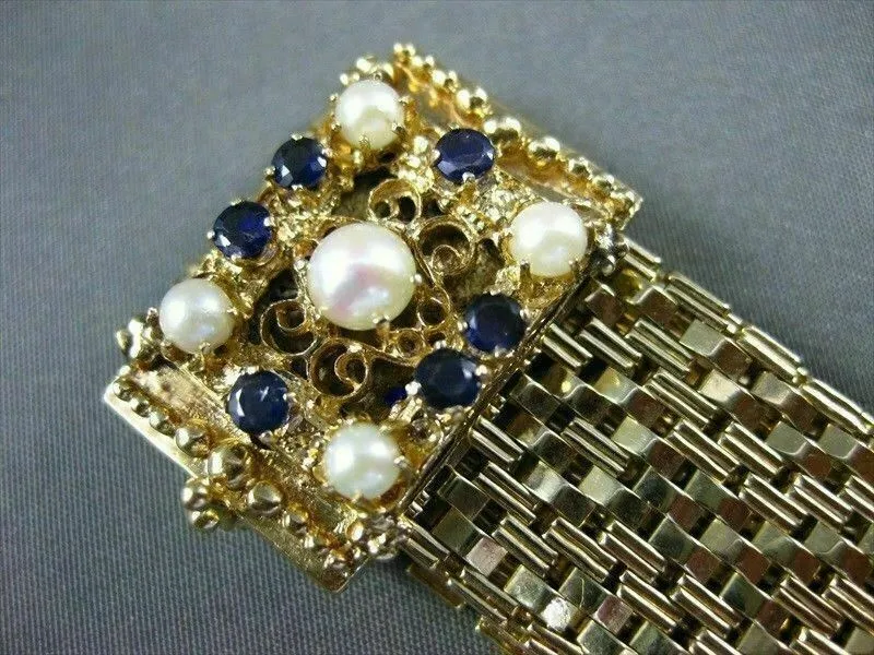 ANTIQUE .60CT SAPPHIRE 14KT Y GOLD PEARL & BLUE ENAMEL TASSEL BRACELET #19994