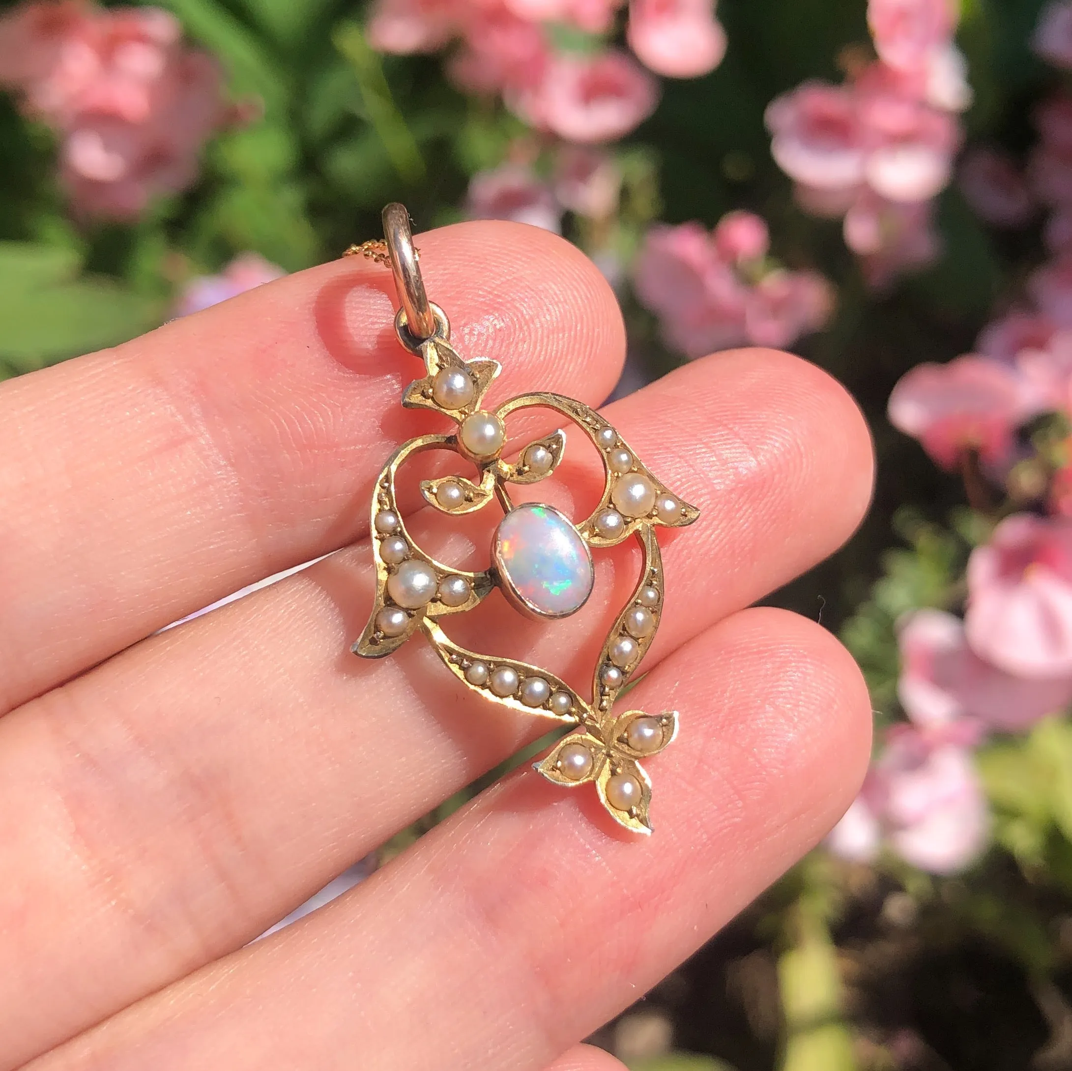 Antique Art Nouveau Gold Opal & Pearl Pendant