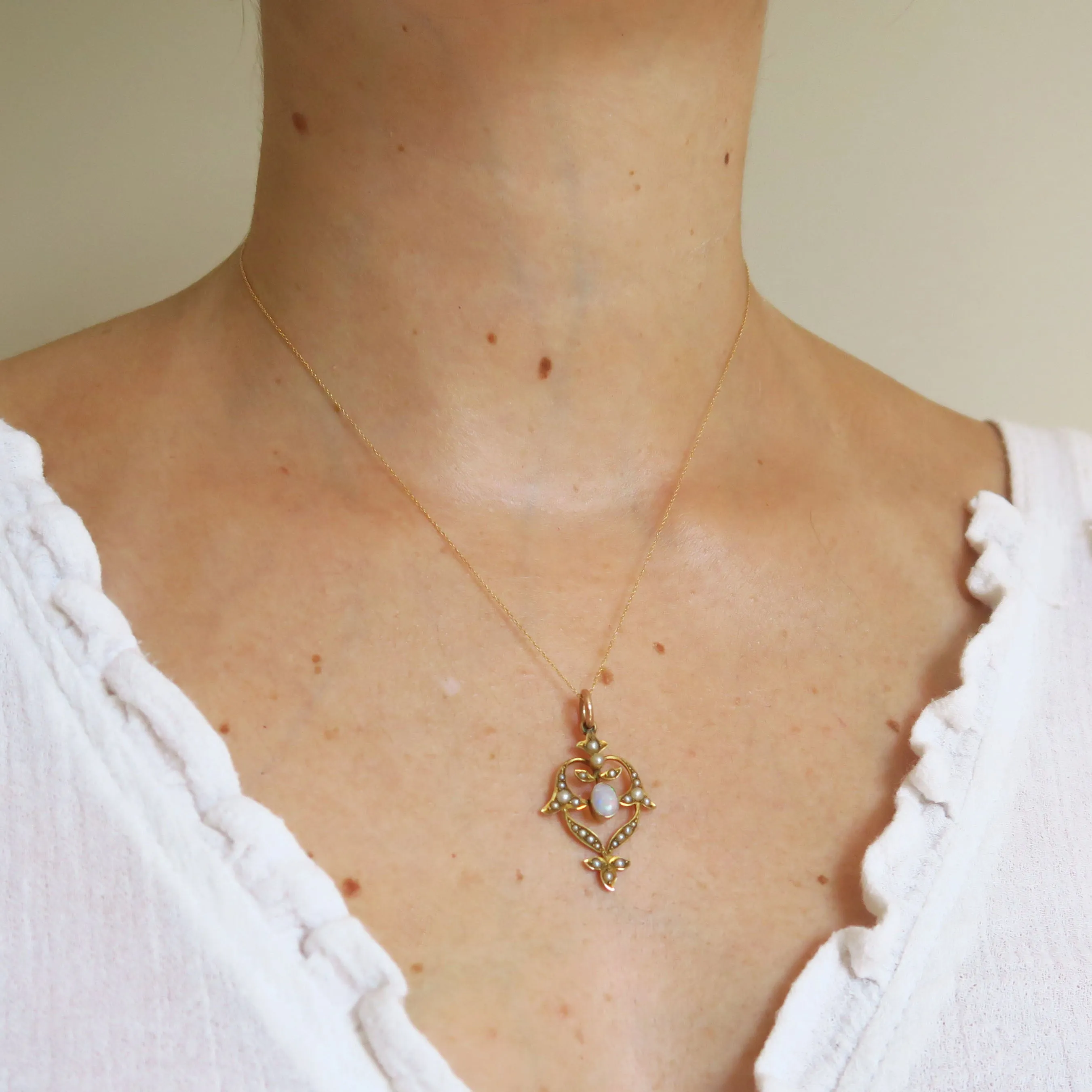 Antique Art Nouveau Gold Opal & Pearl Pendant