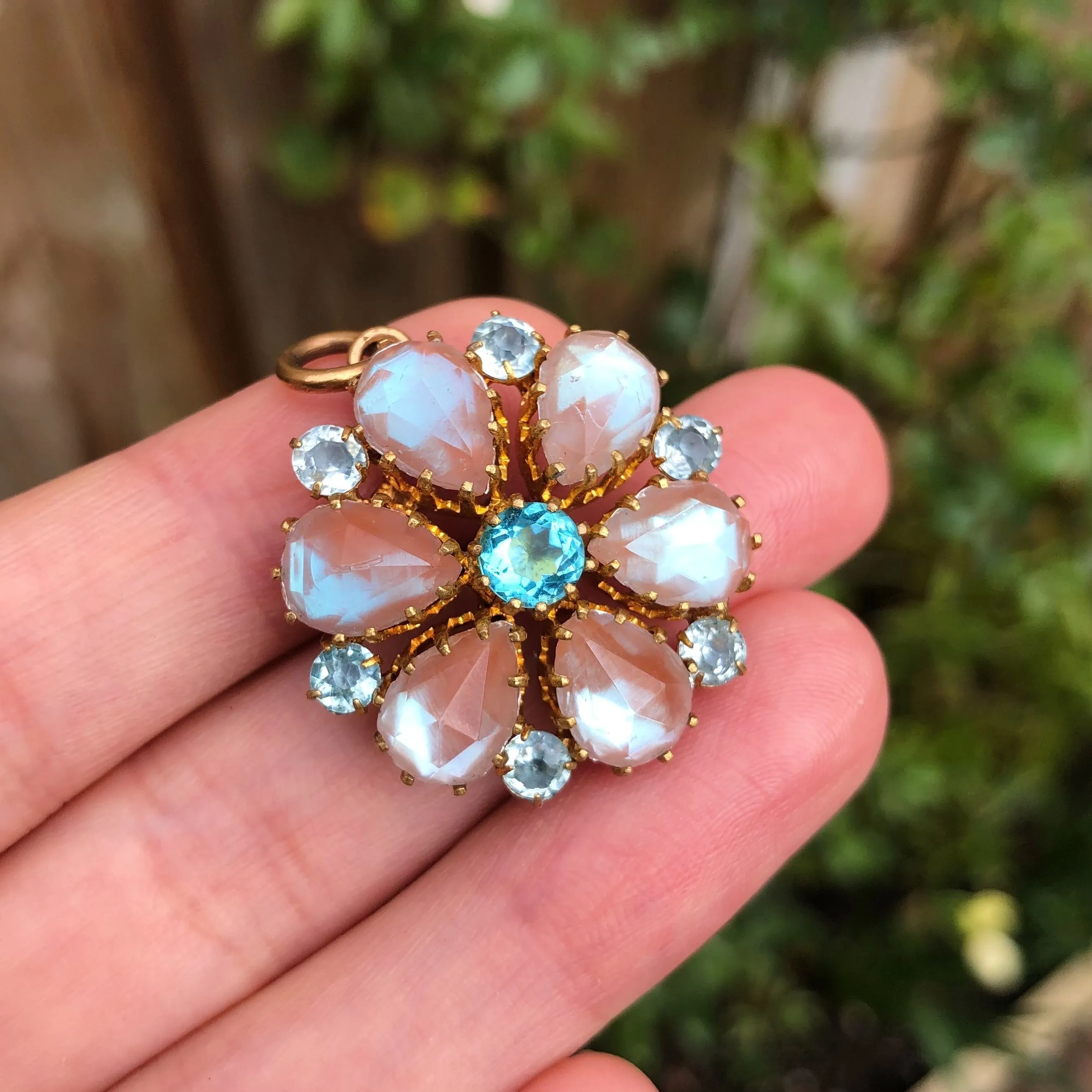 Antique Edwardian Saphiret Faceted Glass Flower Pendant