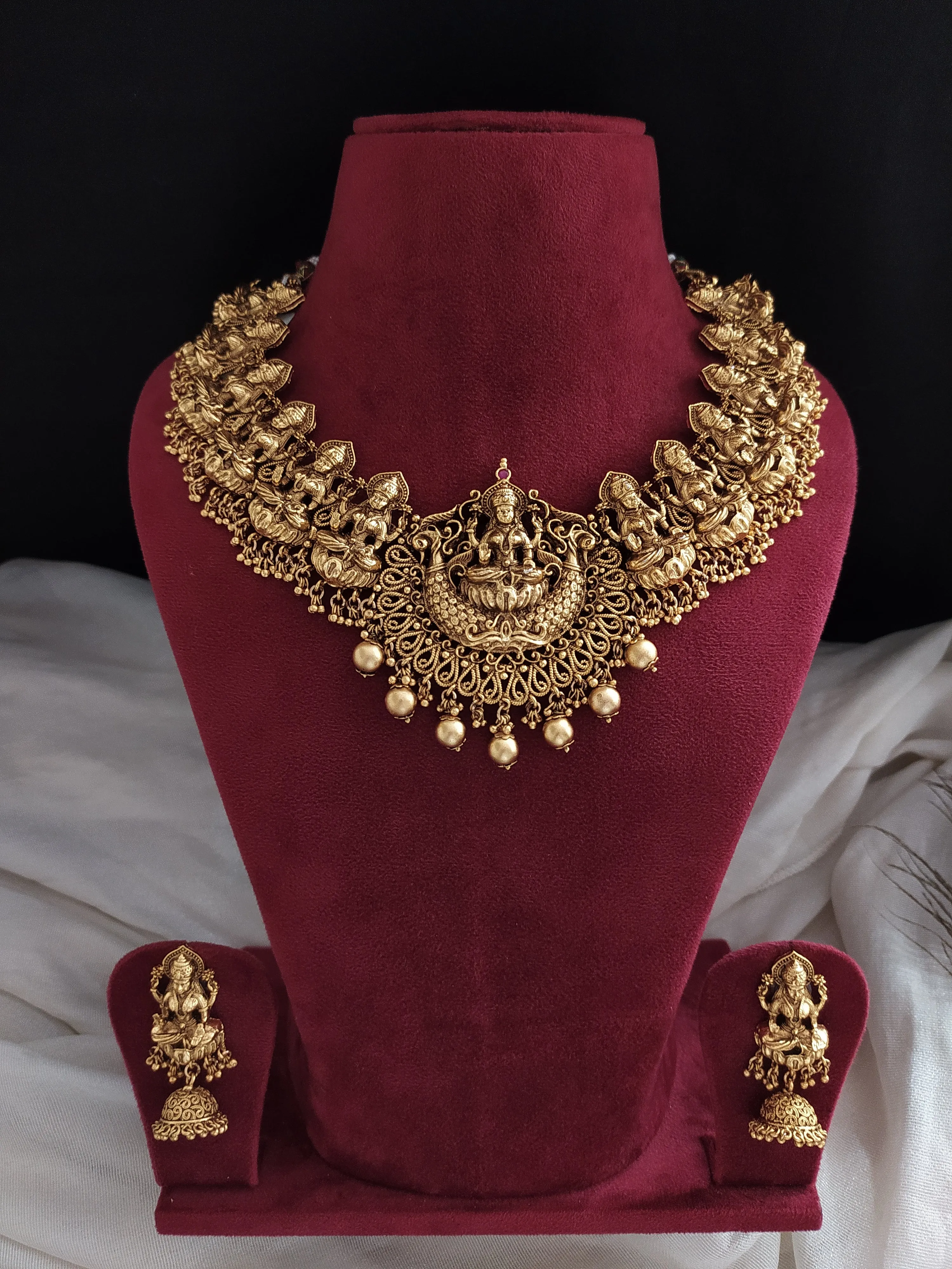 Antique Finish Necklace Set With Lord Lakshmi With Matching Jhumki