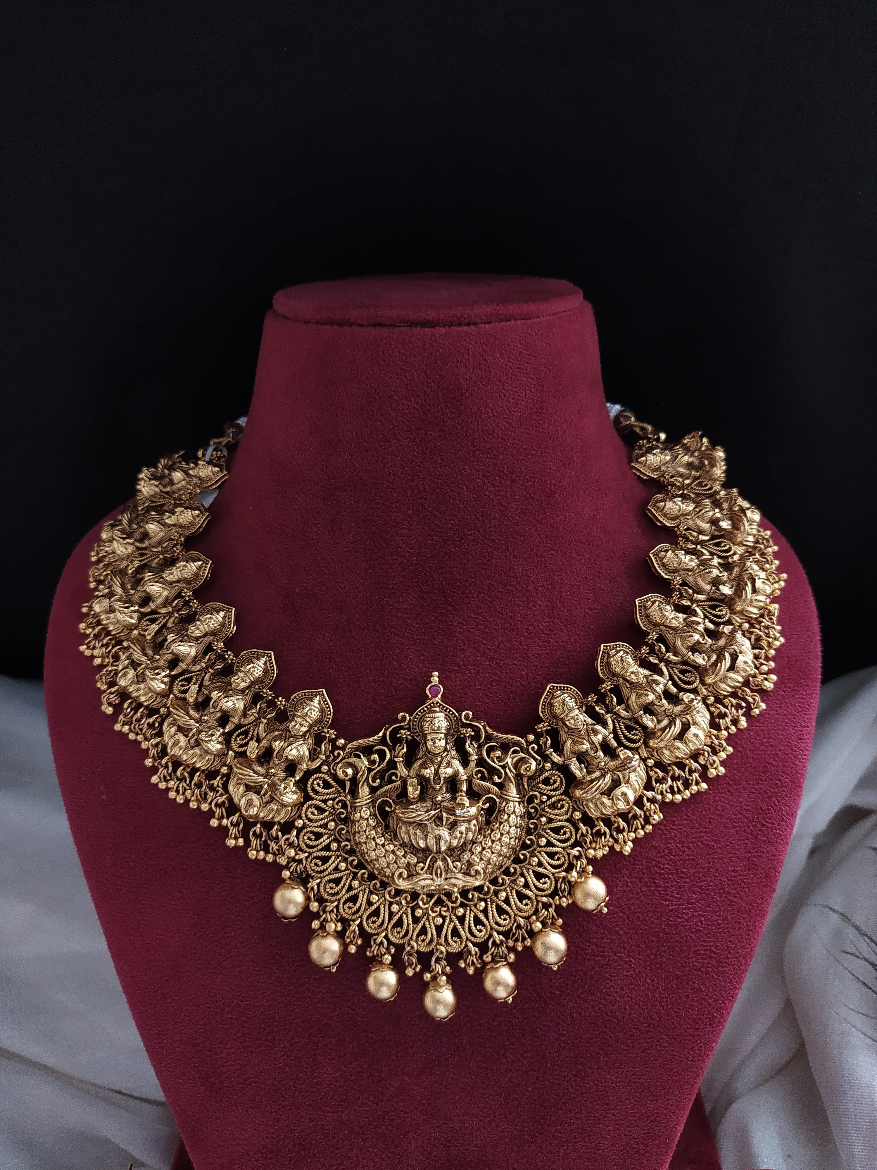 Antique Finish Necklace Set With Lord Lakshmi With Matching Jhumki