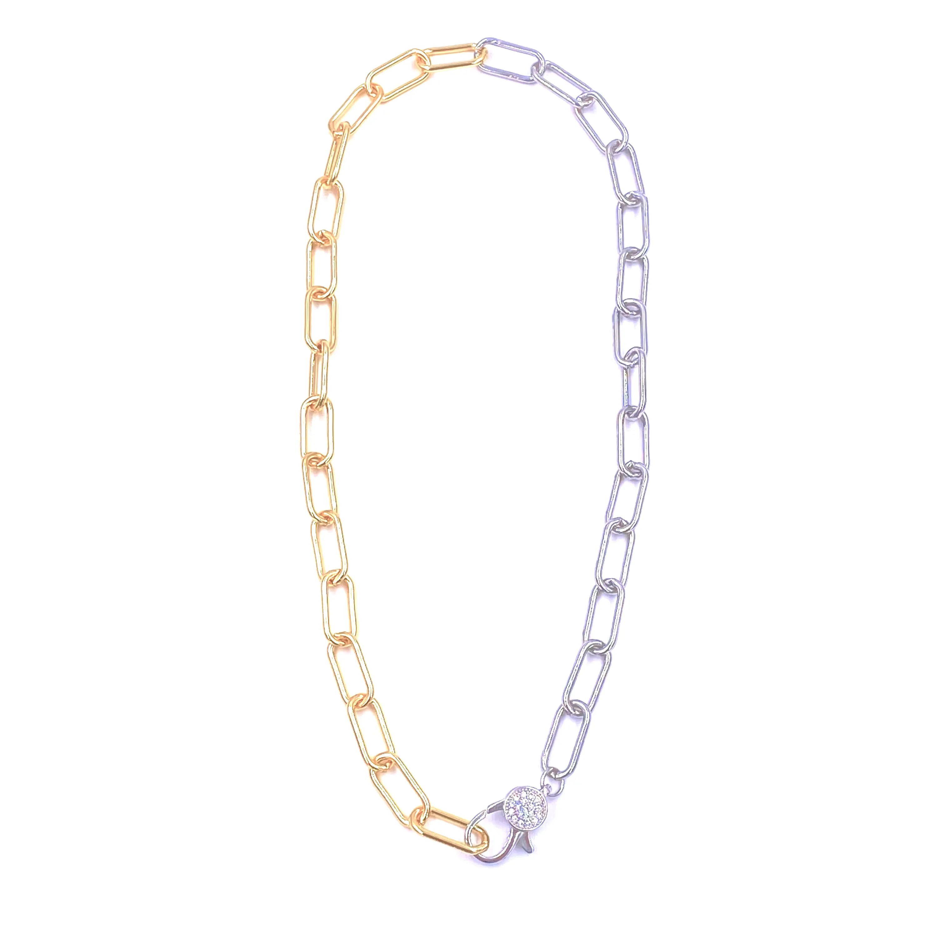 Ashley Gold Stainless Steel Gold Plated Mixed Metal CZ Lobster Clasp Link Necklace