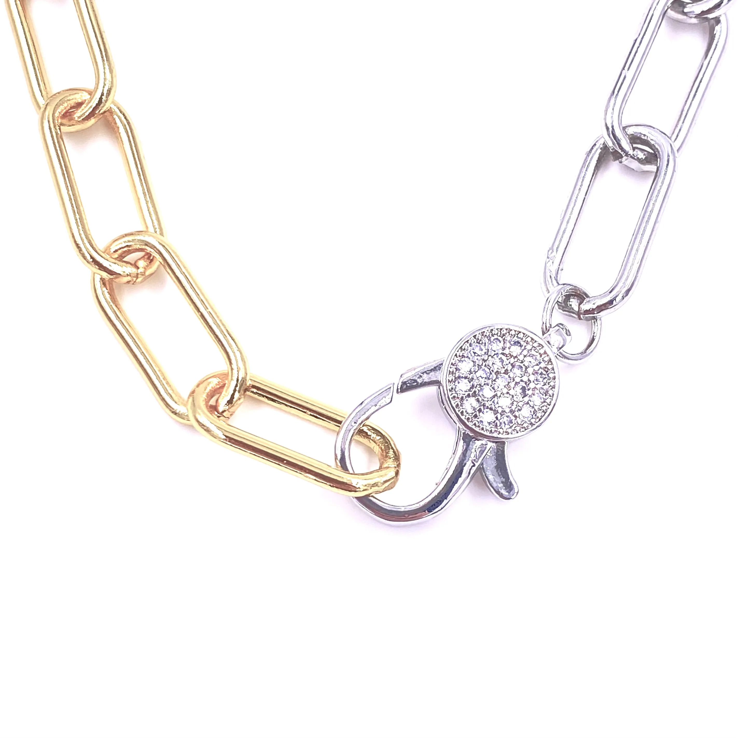 Ashley Gold Stainless Steel Gold Plated Mixed Metal CZ Lobster Clasp Link Necklace