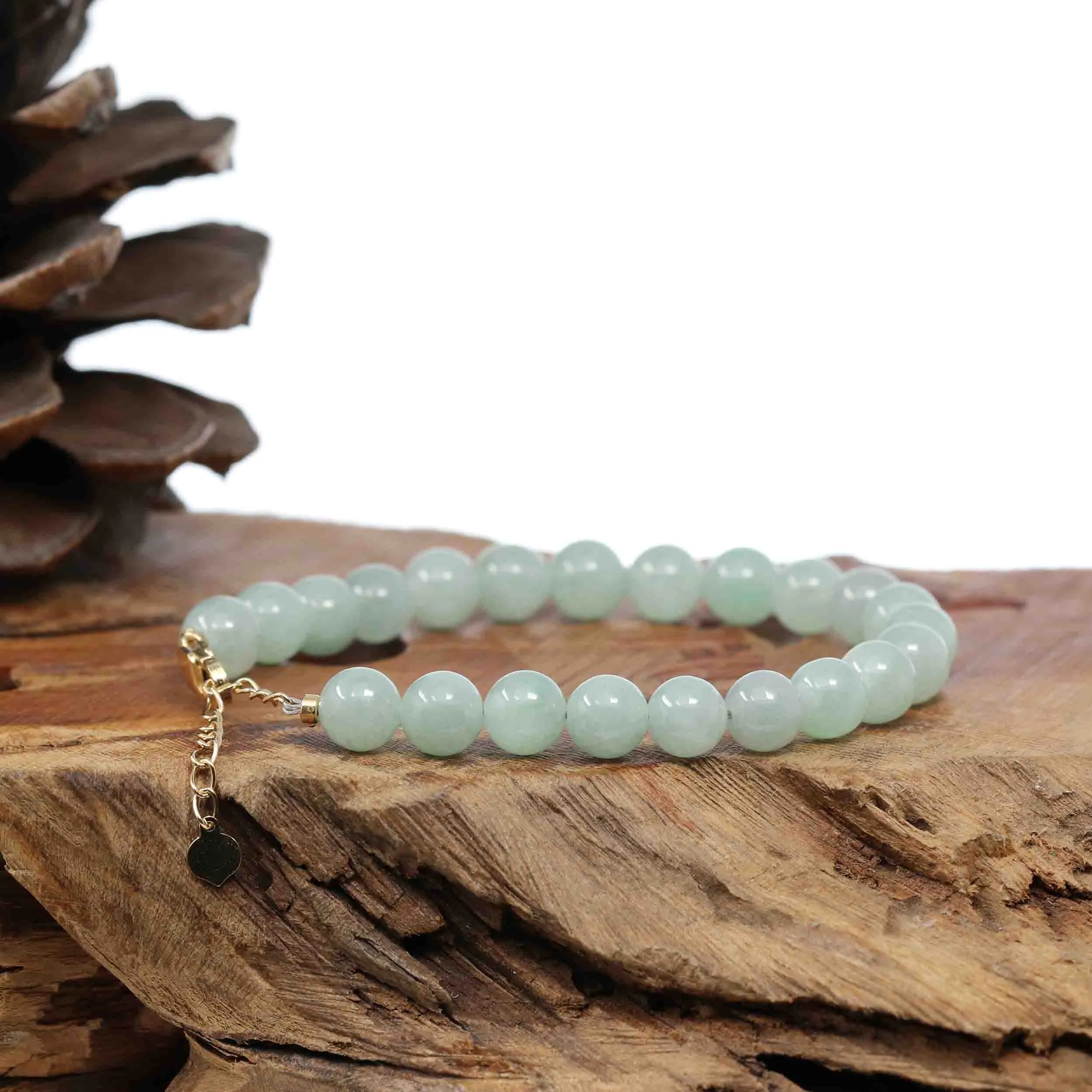 Baikalla Genuine Green Jadeite Jade Bead Bracelet With 18K Yellow Gold Clasp ( 7.5 mm )