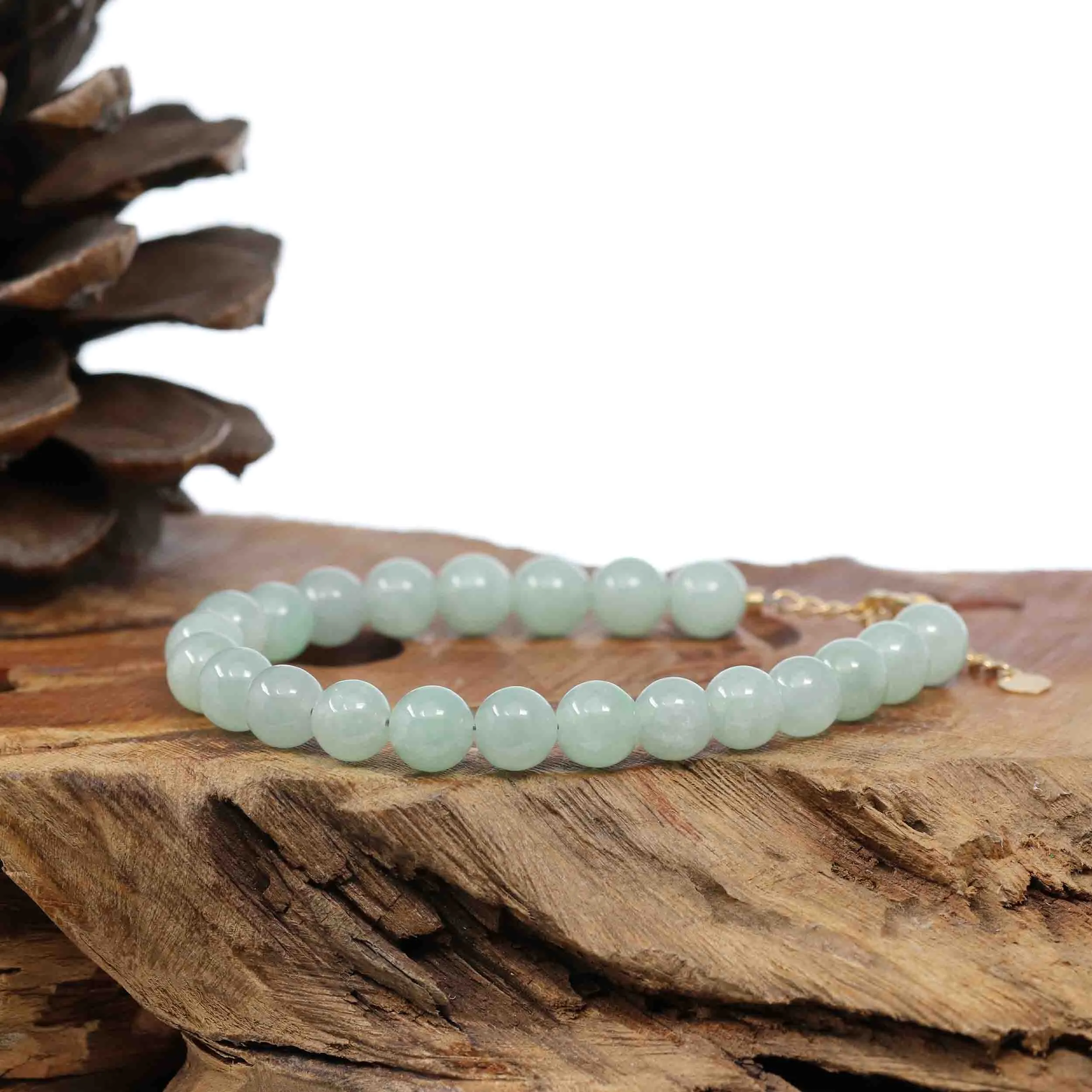 Baikalla Genuine Green Jadeite Jade Bead Bracelet With 18K Yellow Gold Clasp ( 7.5 mm )