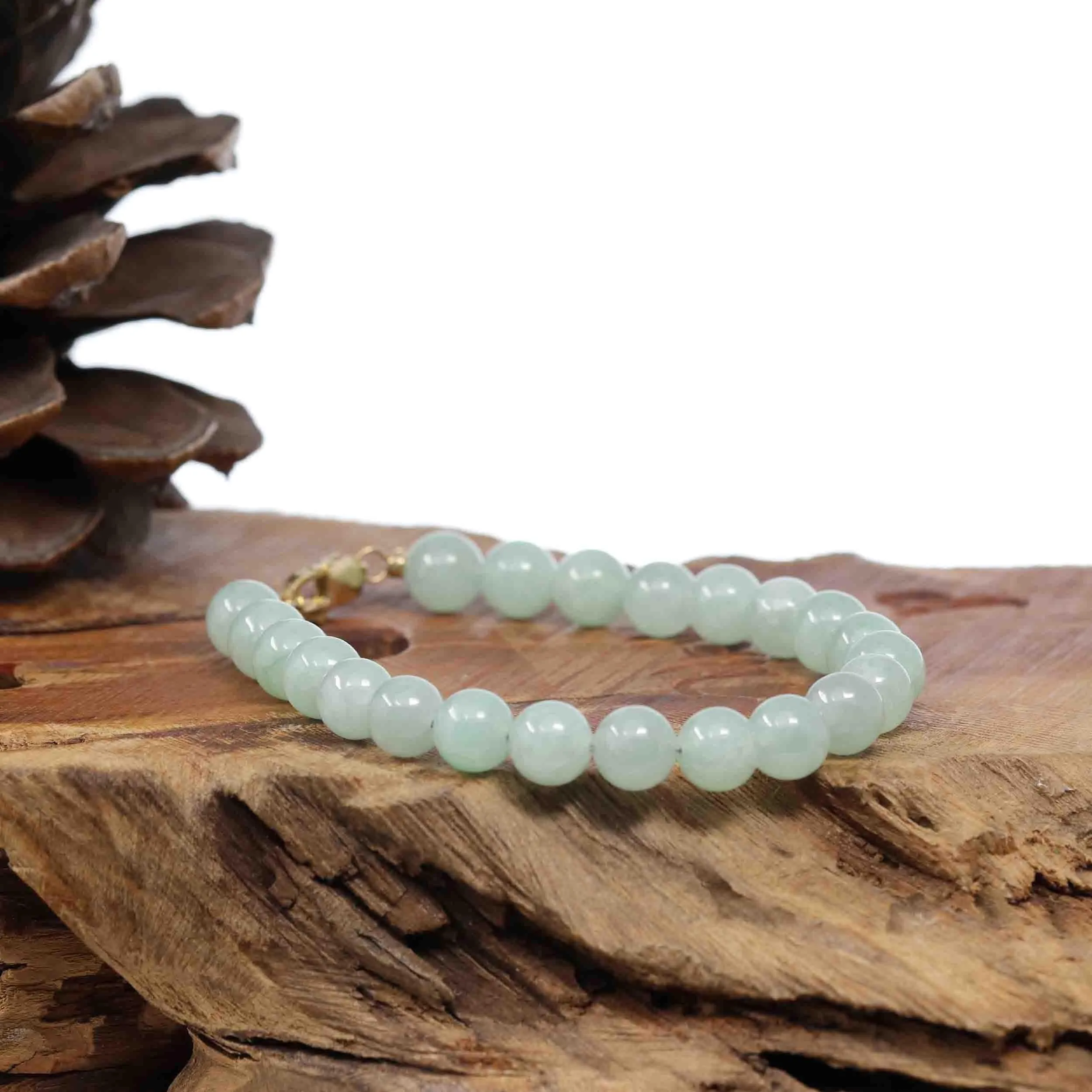 Baikalla Genuine Green Jadeite Jade Bead Bracelet With 18K Yellow Gold Clasp ( 7.5 mm )