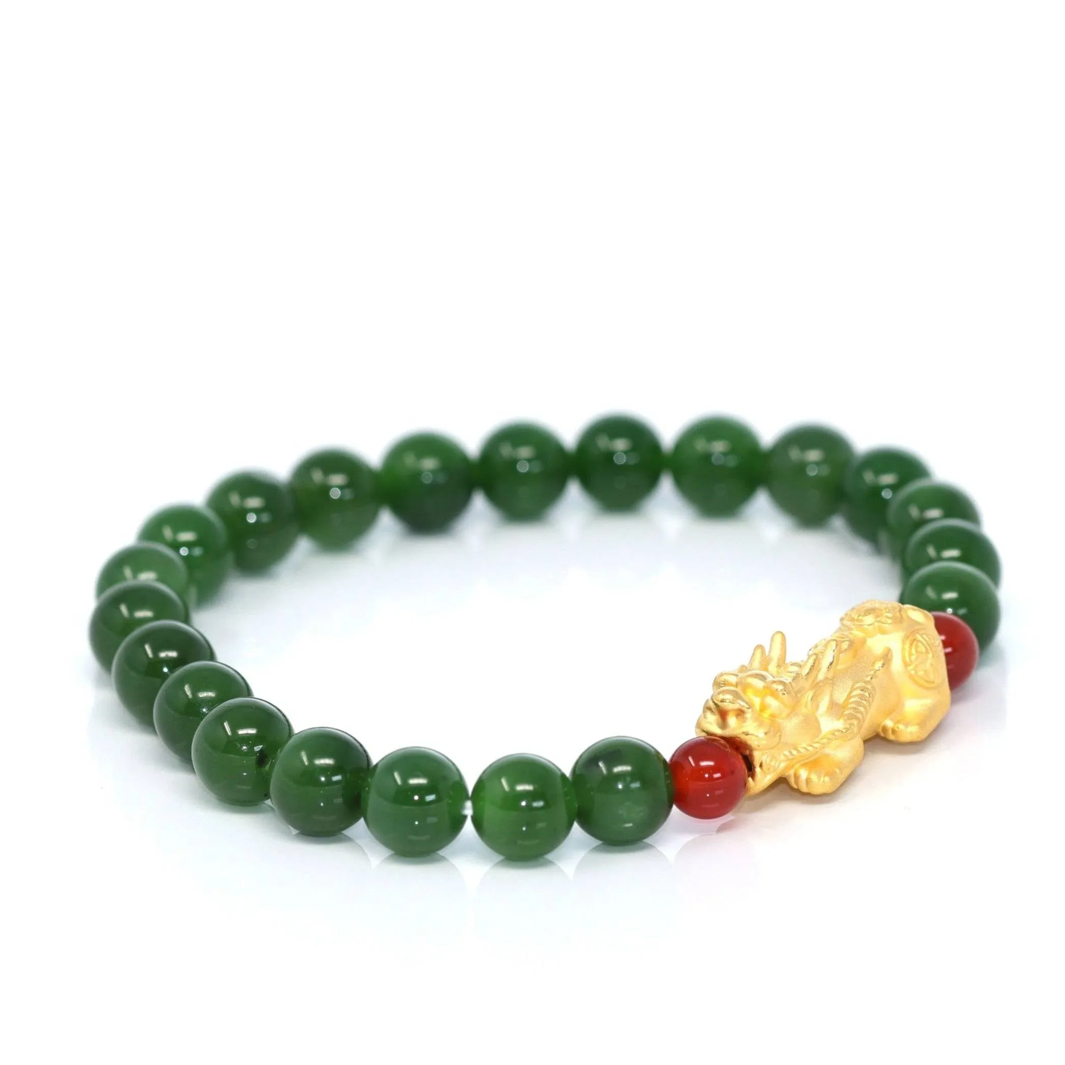 Baikalla Jewelry 24K Pure Yellow Gold PiXiu With Genuine Green Nephrite Jade Round Beads Bracelet (8 mm)