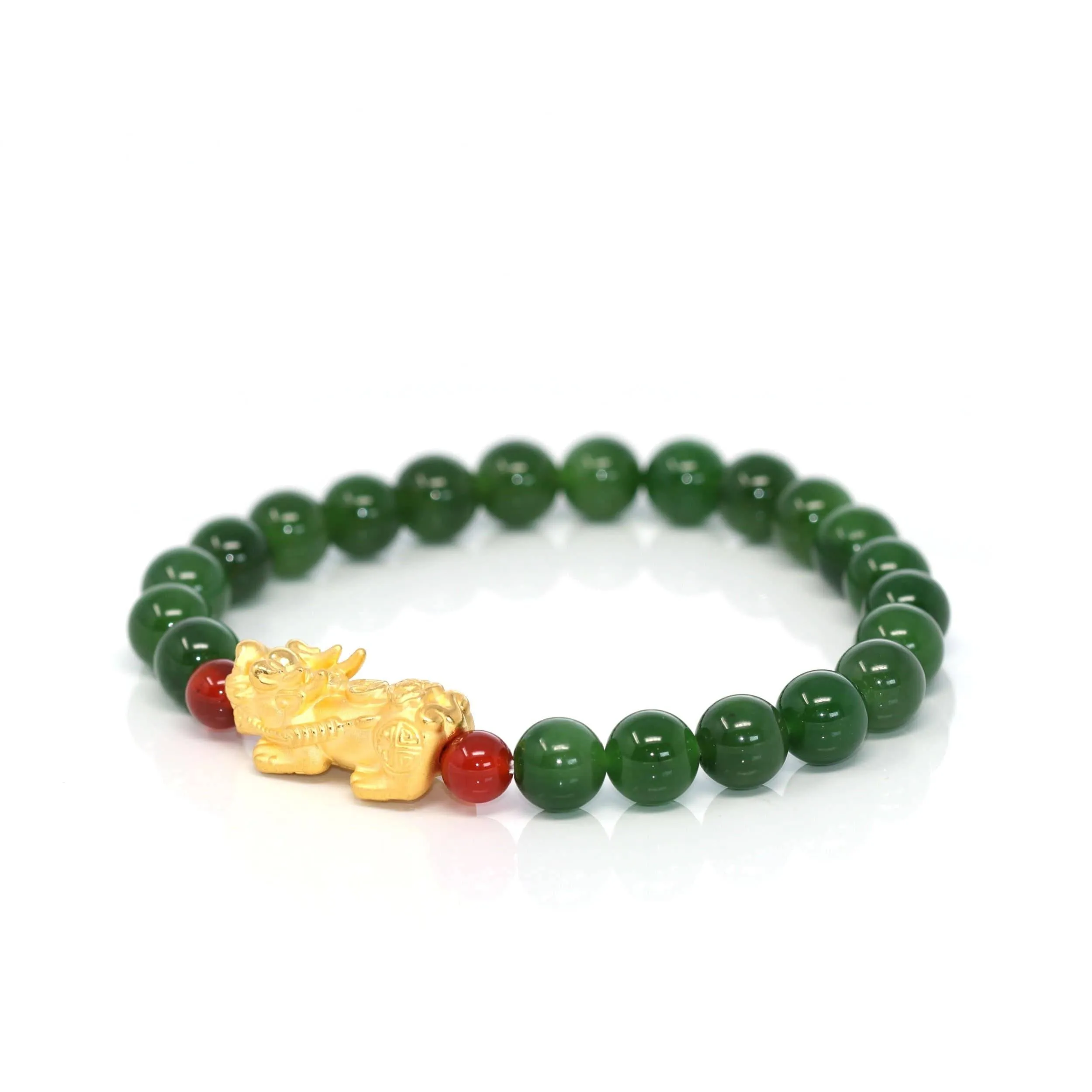 Baikalla Jewelry 24K Pure Yellow Gold PiXiu With Genuine Green Nephrite Jade Round Beads Bracelet (8 mm)