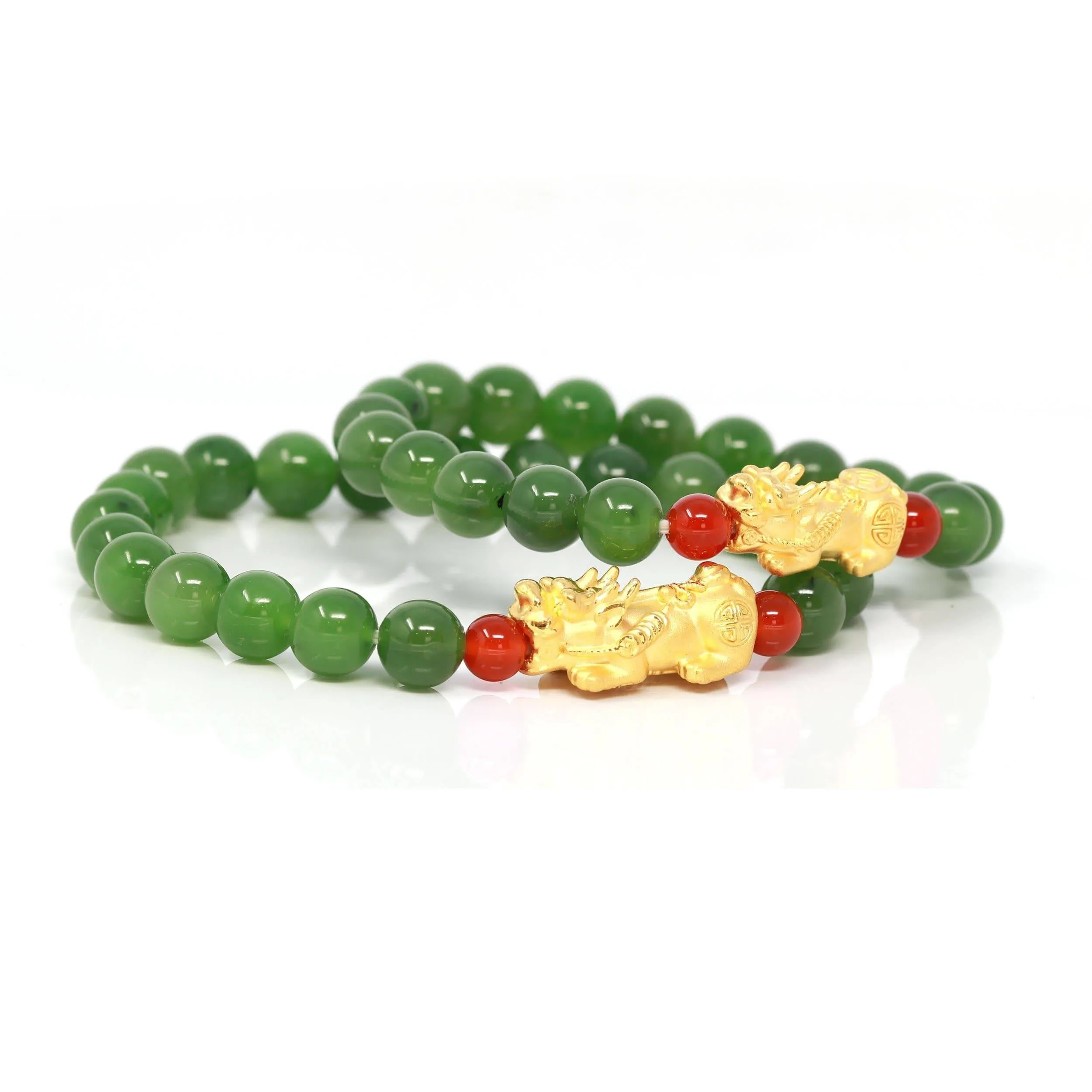 Baikalla Jewelry 24K Pure Yellow Gold PiXiu With Genuine Green Nephrite Jade Round Beads Bracelet (8 mm)