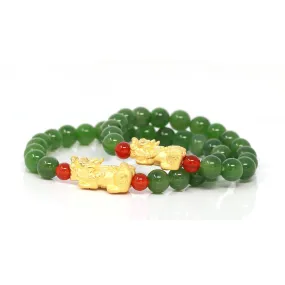 Baikalla Jewelry 24K Pure Yellow Gold PiXiu With Genuine Green Nephrite Jade Round Beads Bracelet (8 mm)