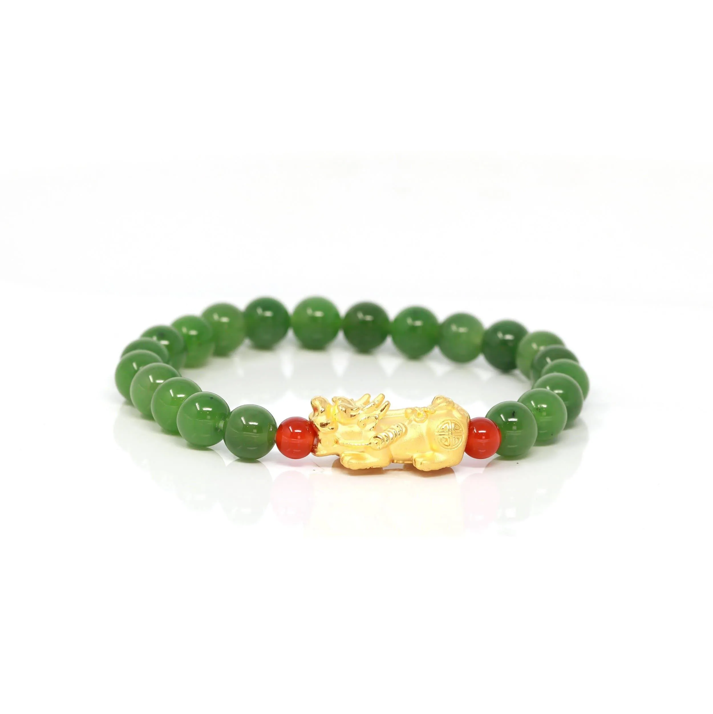 Baikalla Jewelry 24K Pure Yellow Gold PiXiu With Genuine Green Nephrite Jade Round Beads Bracelet (8 mm)