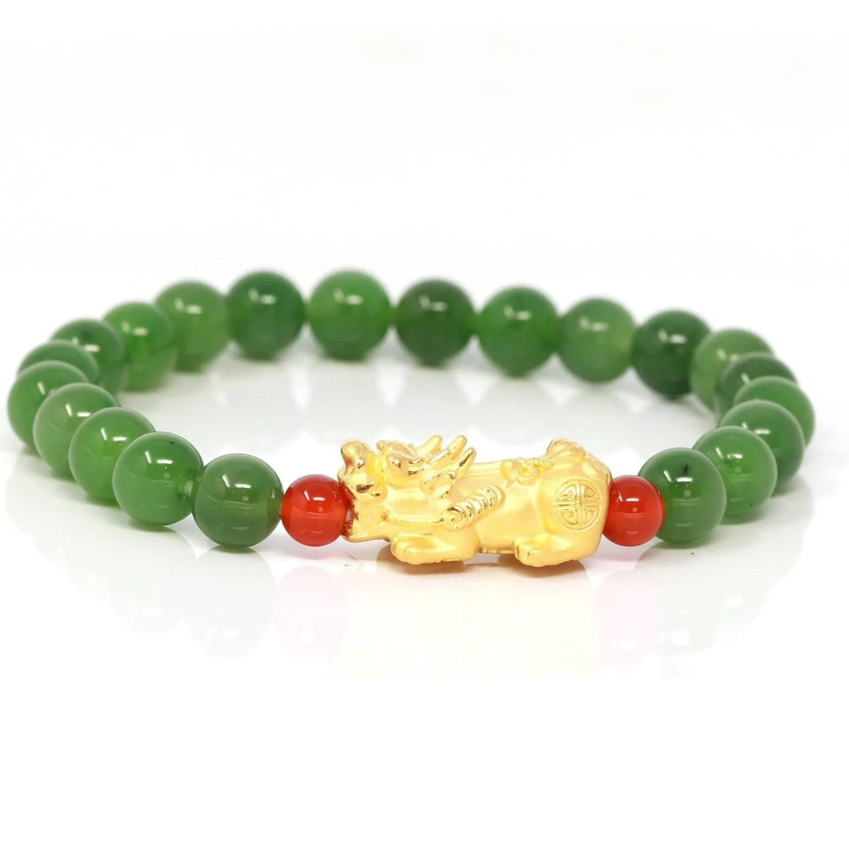 Baikalla Jewelry 24K Pure Yellow Gold PiXiu With Genuine Green Nephrite Jade Round Beads Bracelet (8 mm)