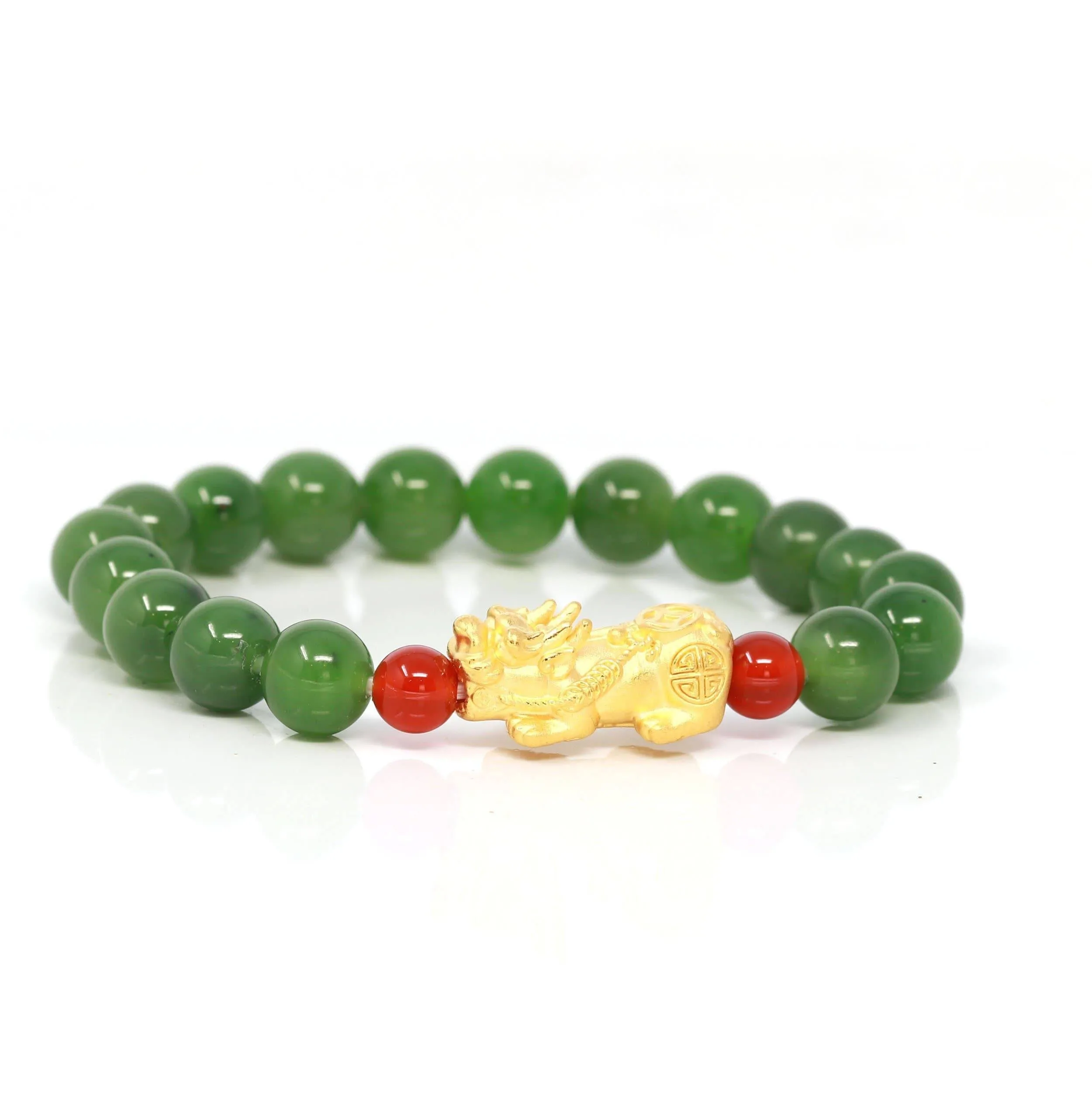 Baikalla Jewelry 24K Pure Yellow Gold PiXiu With Genuine Green Nephrite Jade Round Beads Bracelet (8 mm)