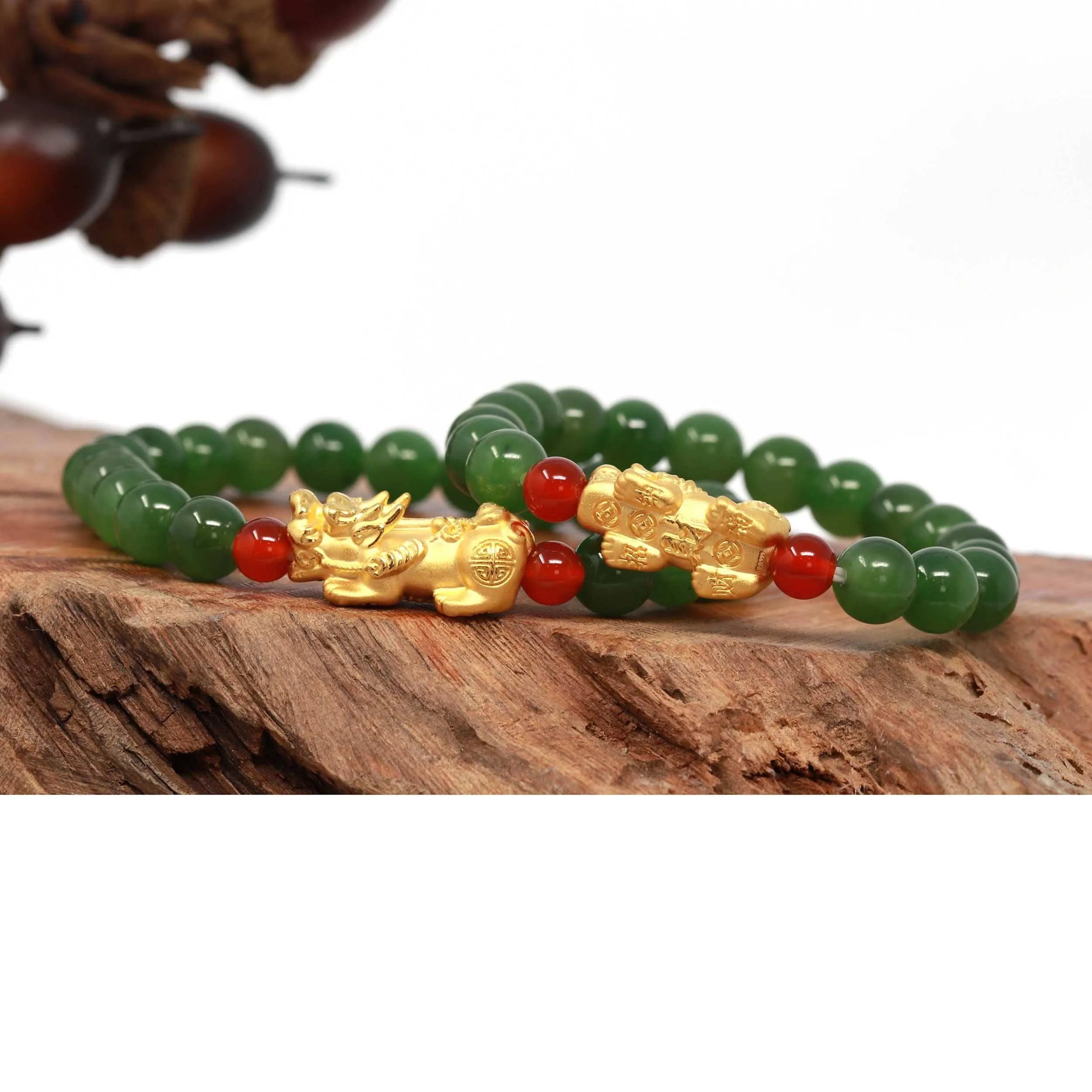 Baikalla Jewelry 24K Pure Yellow Gold PiXiu With Genuine Green Nephrite Jade Round Beads Bracelet (8 mm)