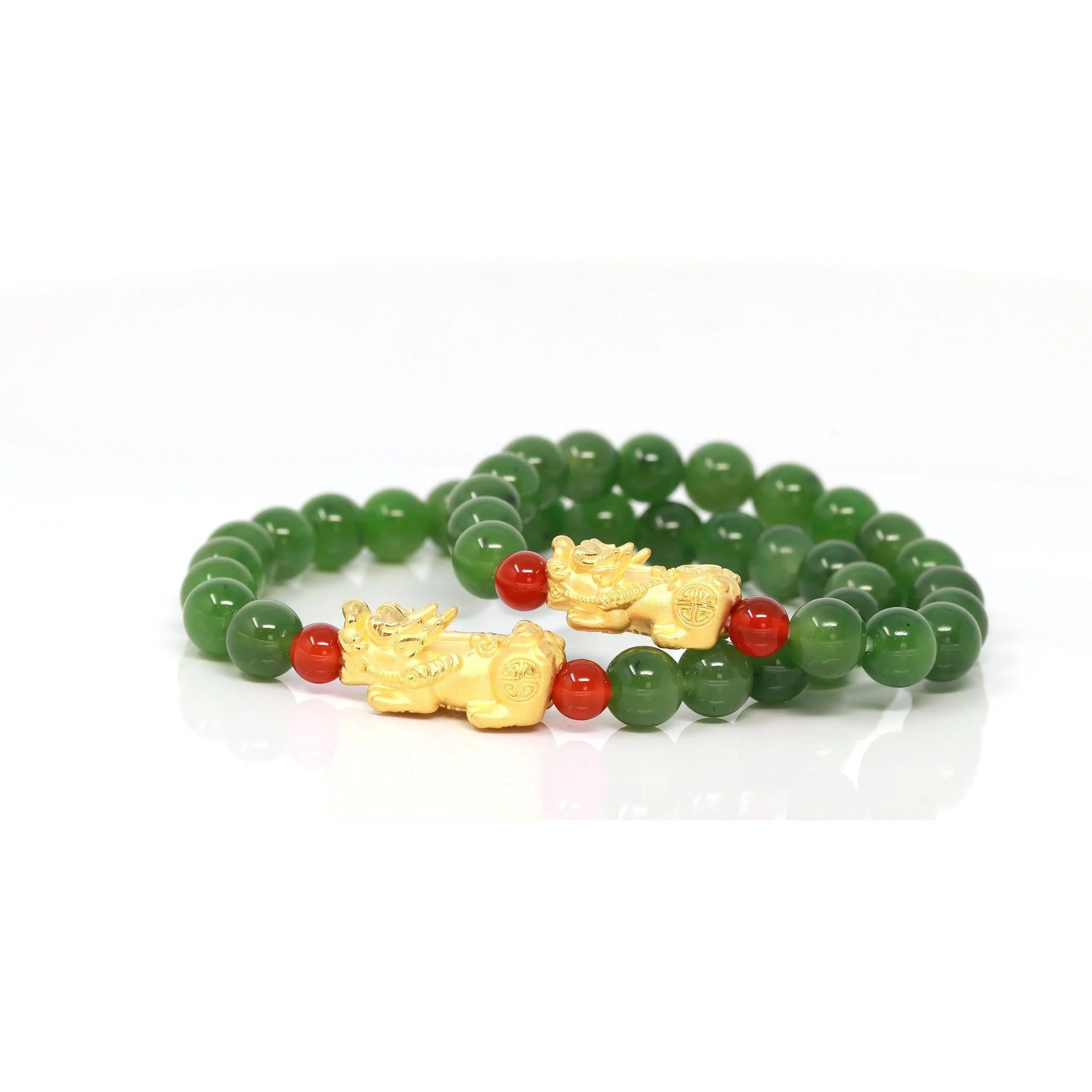 Baikalla Jewelry 24K Pure Yellow Gold PiXiu With Genuine Green Nephrite Jade Round Beads Bracelet (8 mm)
