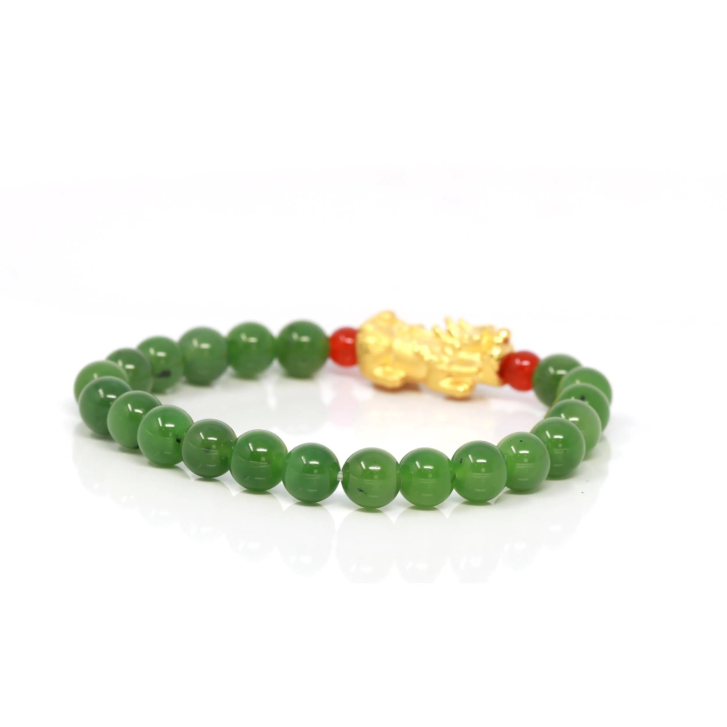 Baikalla Jewelry 24K Pure Yellow Gold PiXiu With Genuine Green Nephrite Jade Round Beads Bracelet (8 mm)