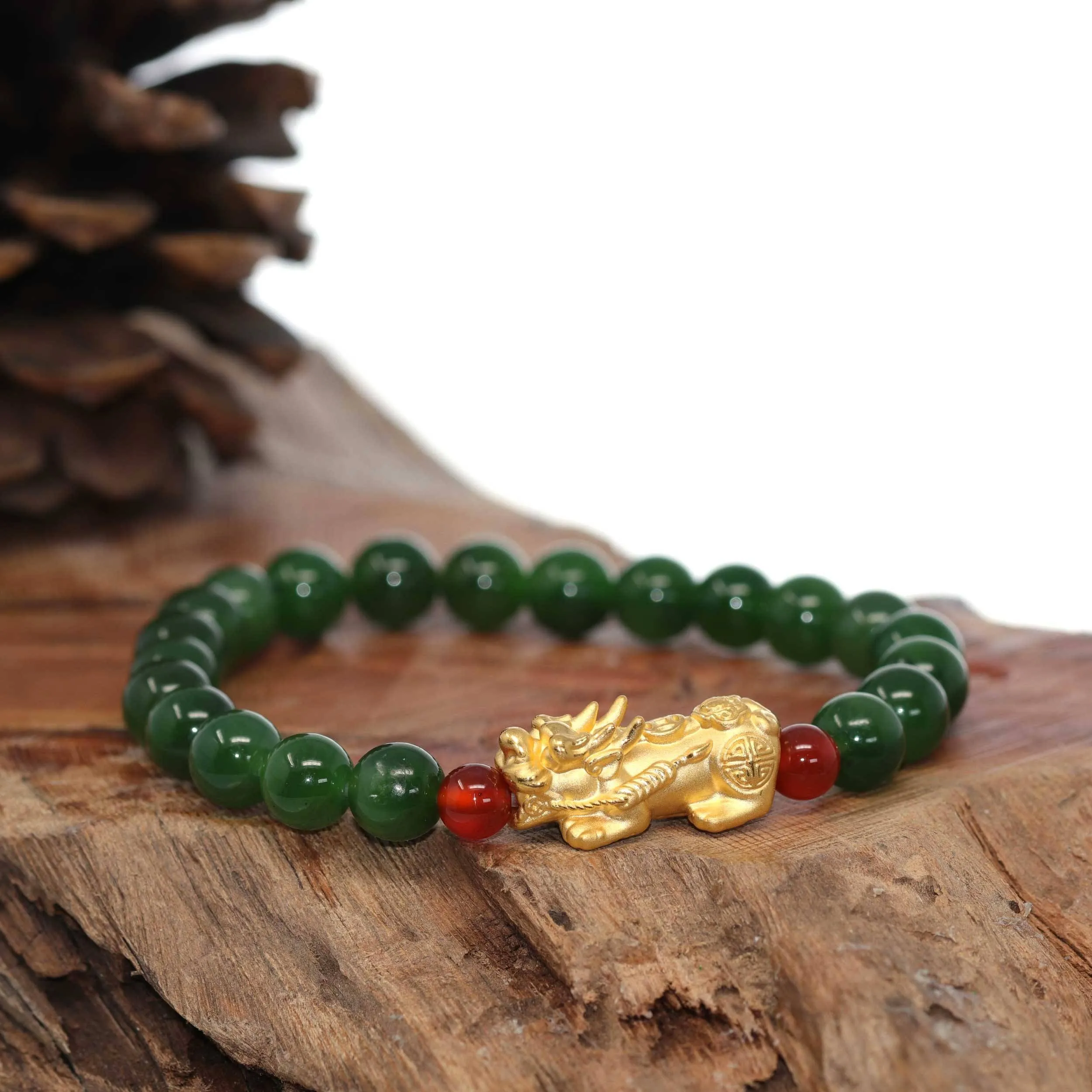 Baikalla Jewelry 24K Pure Yellow Gold PiXiu With Genuine Green Nephrite Jade Round Beads Bracelet (8 mm)