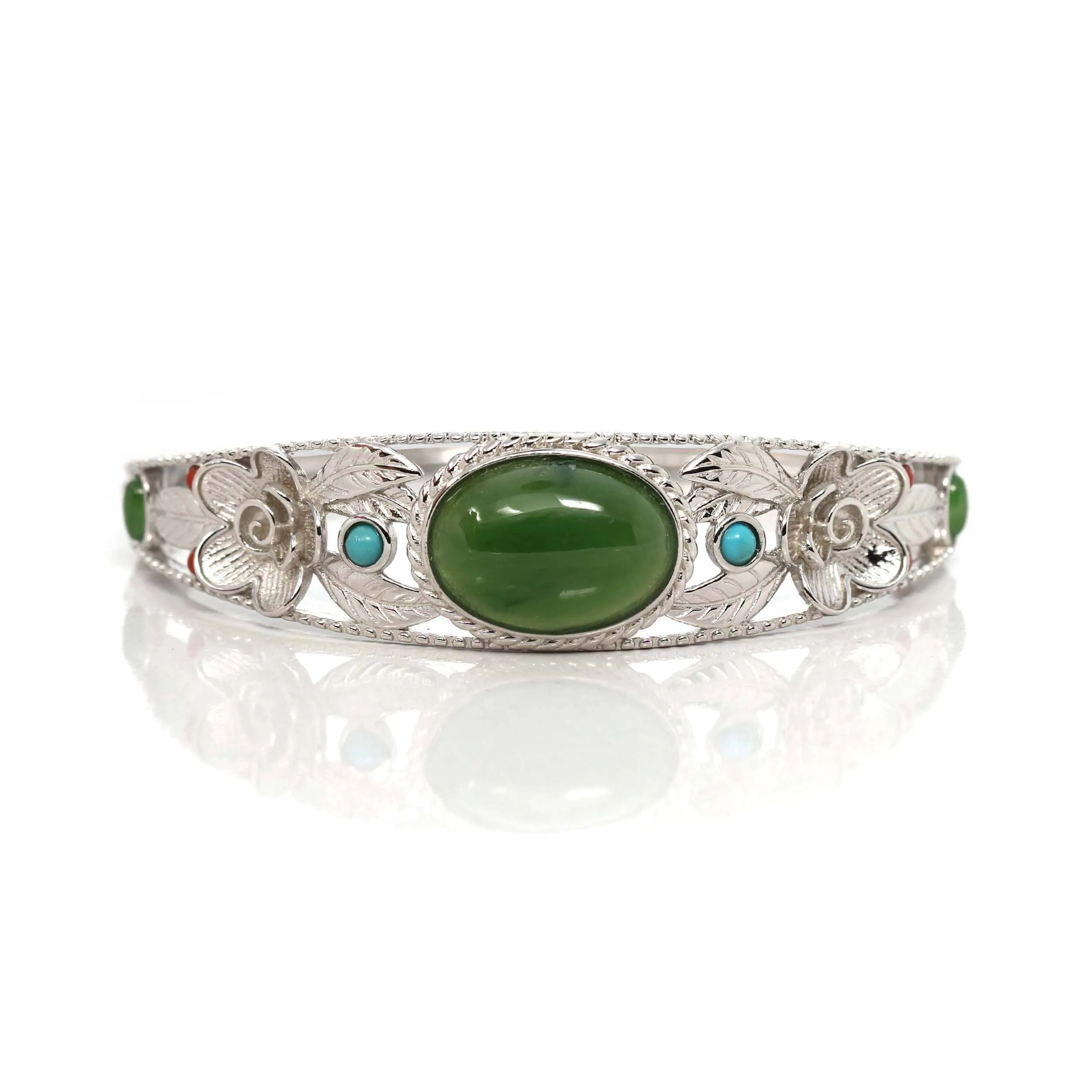 Baikalla "Antique Flower Style" Sterling Silver Nephrite Jade Hinge Bracelet With Turquoise Accents