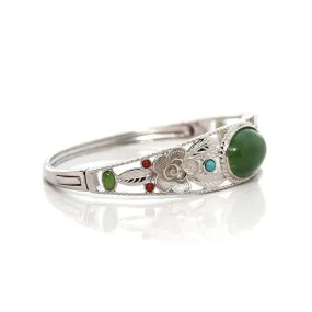 Baikalla "Antique Flower Style" Sterling Silver Nephrite Jade Hinge Bracelet With Turquoise Accents