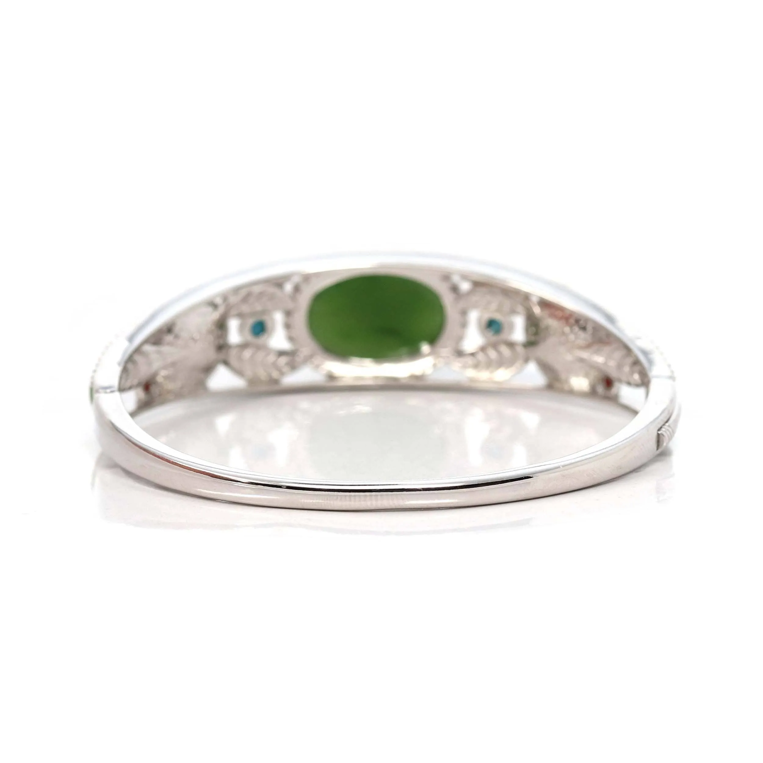 Baikalla "Antique Flower Style" Sterling Silver Nephrite Jade Hinge Bracelet With Turquoise Accents