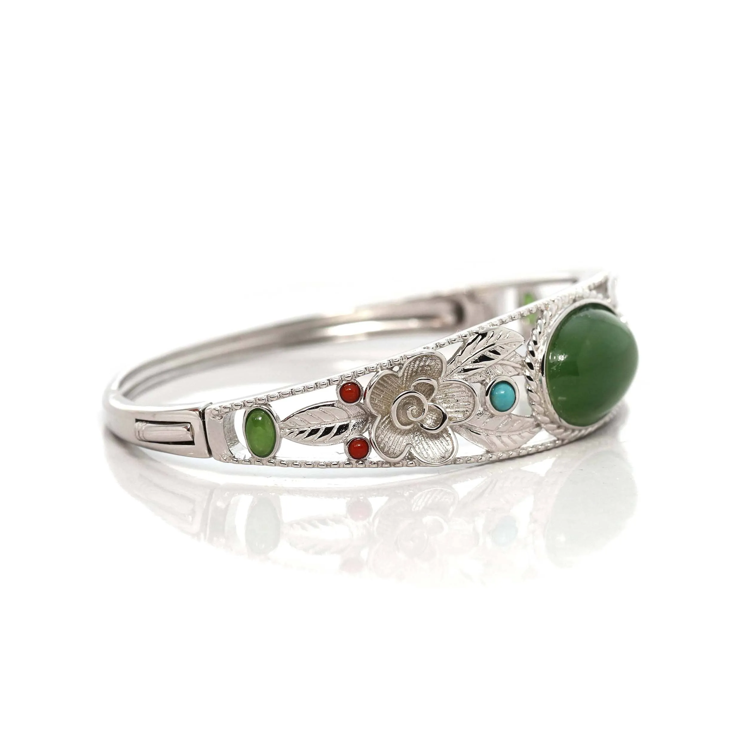 Baikalla "Antique Flower Style" Sterling Silver Nephrite Jade Hinge Bracelet With Turquoise Accents