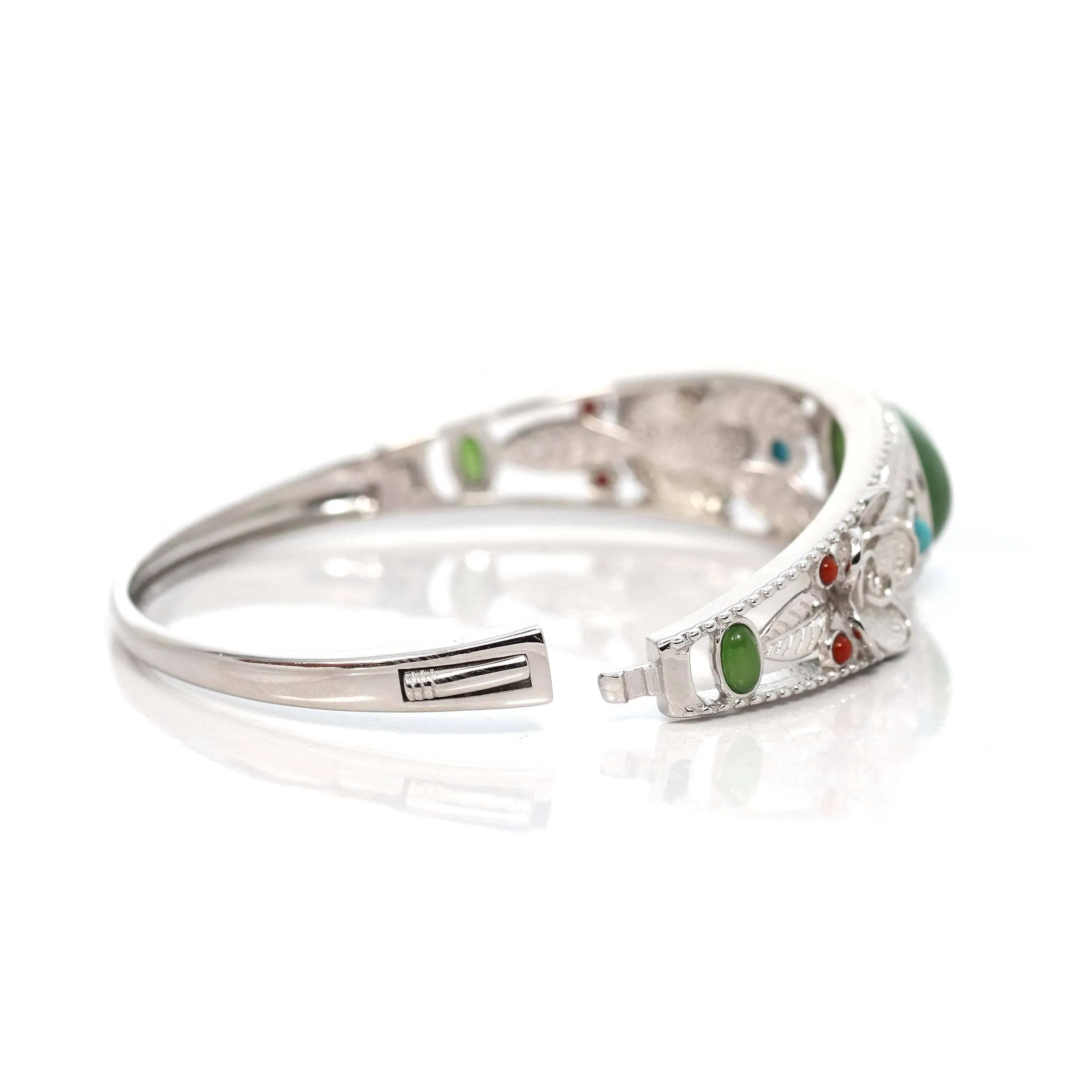 Baikalla "Antique Flower Style" Sterling Silver Nephrite Jade Hinge Bracelet With Turquoise Accents
