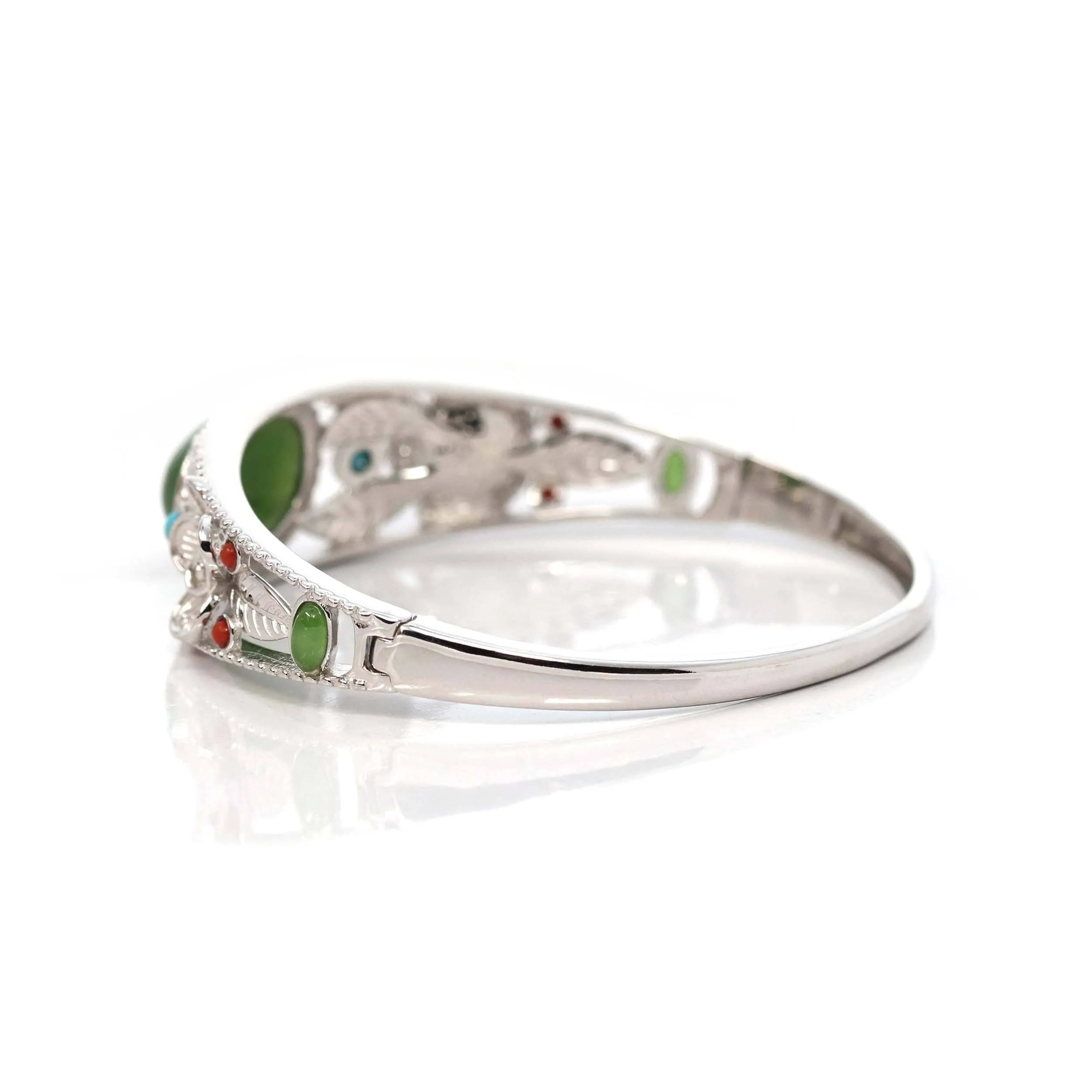 Baikalla "Antique Flower Style" Sterling Silver Nephrite Jade Hinge Bracelet With Turquoise Accents