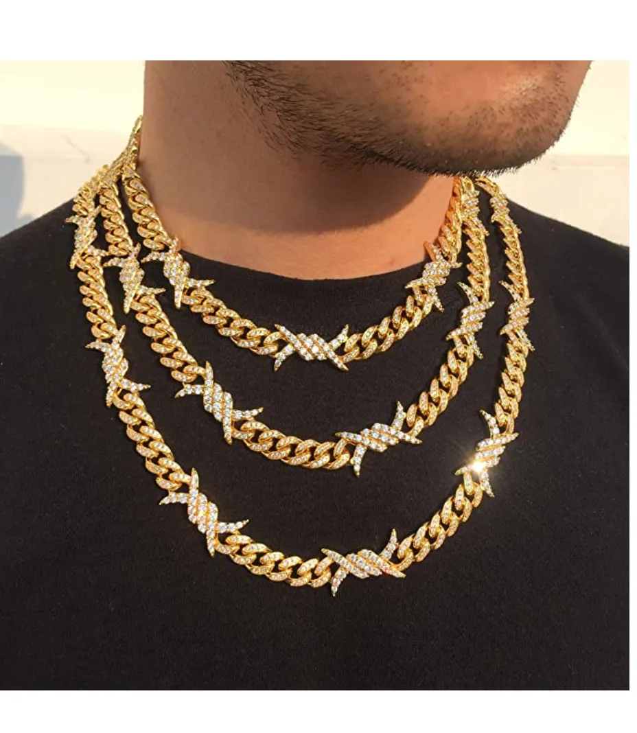 Barbwire Necklace Spike Cuban Link Chain Diamond Mens Hip Hop Rapper Barb Wire Twist Spiked Chain Gold Silver Metal Alloy 16 - 30in.