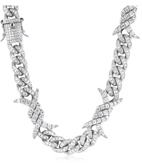 Barbwire Necklace Spike Cuban Link Chain Diamond Mens Hip Hop Rapper Barb Wire Twist Spiked Chain Gold Silver Metal Alloy 16 - 30in.
