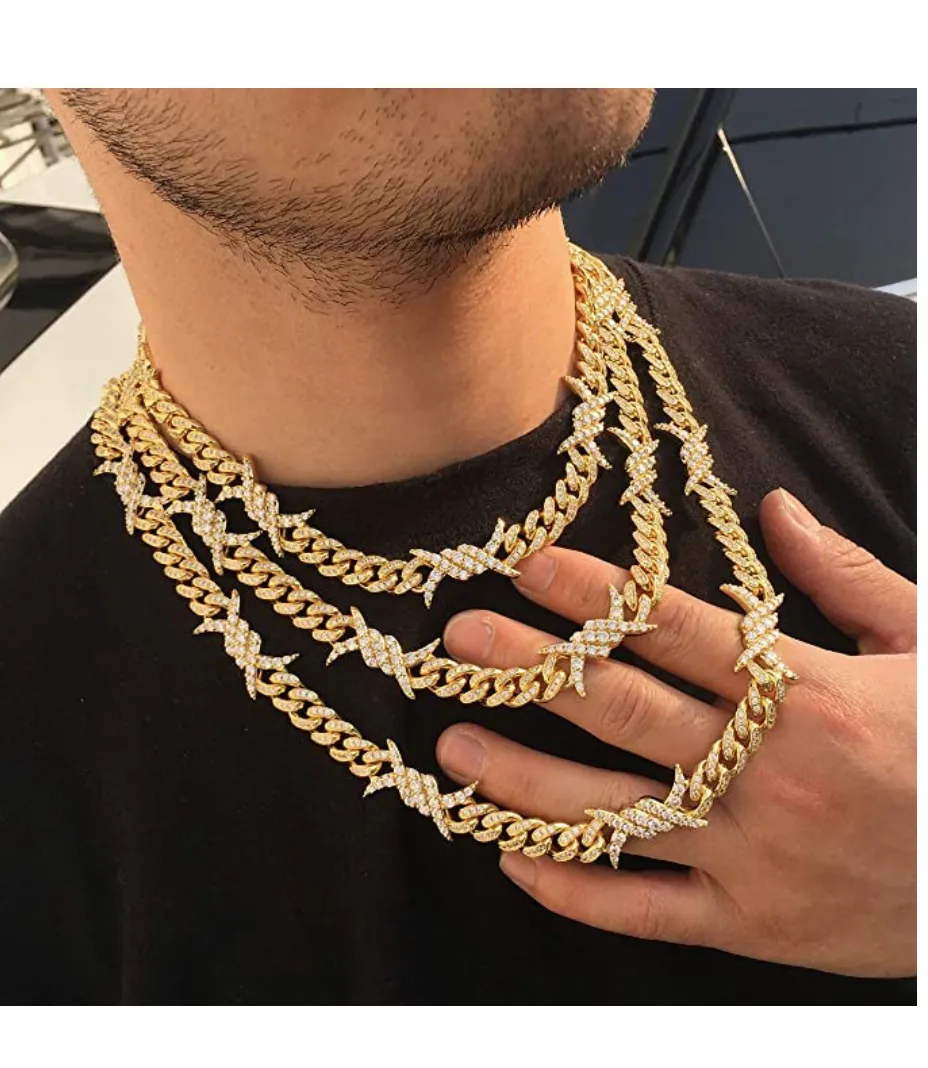 Barbwire Necklace Spike Cuban Link Chain Diamond Mens Hip Hop Rapper Barb Wire Twist Spiked Chain Gold Silver Metal Alloy 16 - 30in.