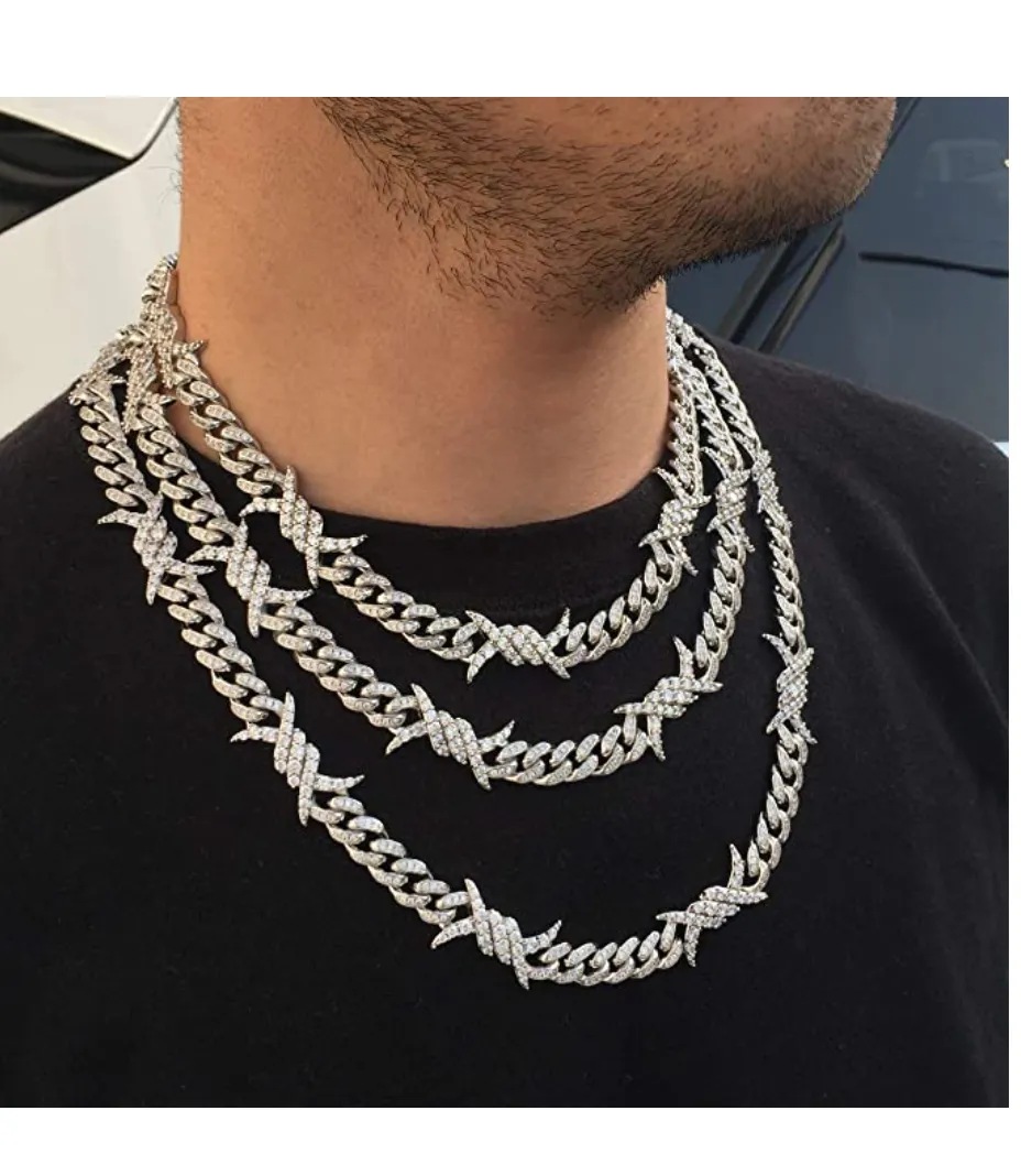 Barbwire Necklace Spike Cuban Link Chain Diamond Mens Hip Hop Rapper Barb Wire Twist Spiked Chain Gold Silver Metal Alloy 16 - 30in.