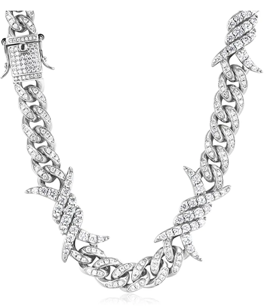 Barbwire Necklace Spike Cuban Link Chain Diamond Mens Hip Hop Rapper Barb Wire Twist Spiked Chain Gold Silver Metal Alloy 16 - 30in.
