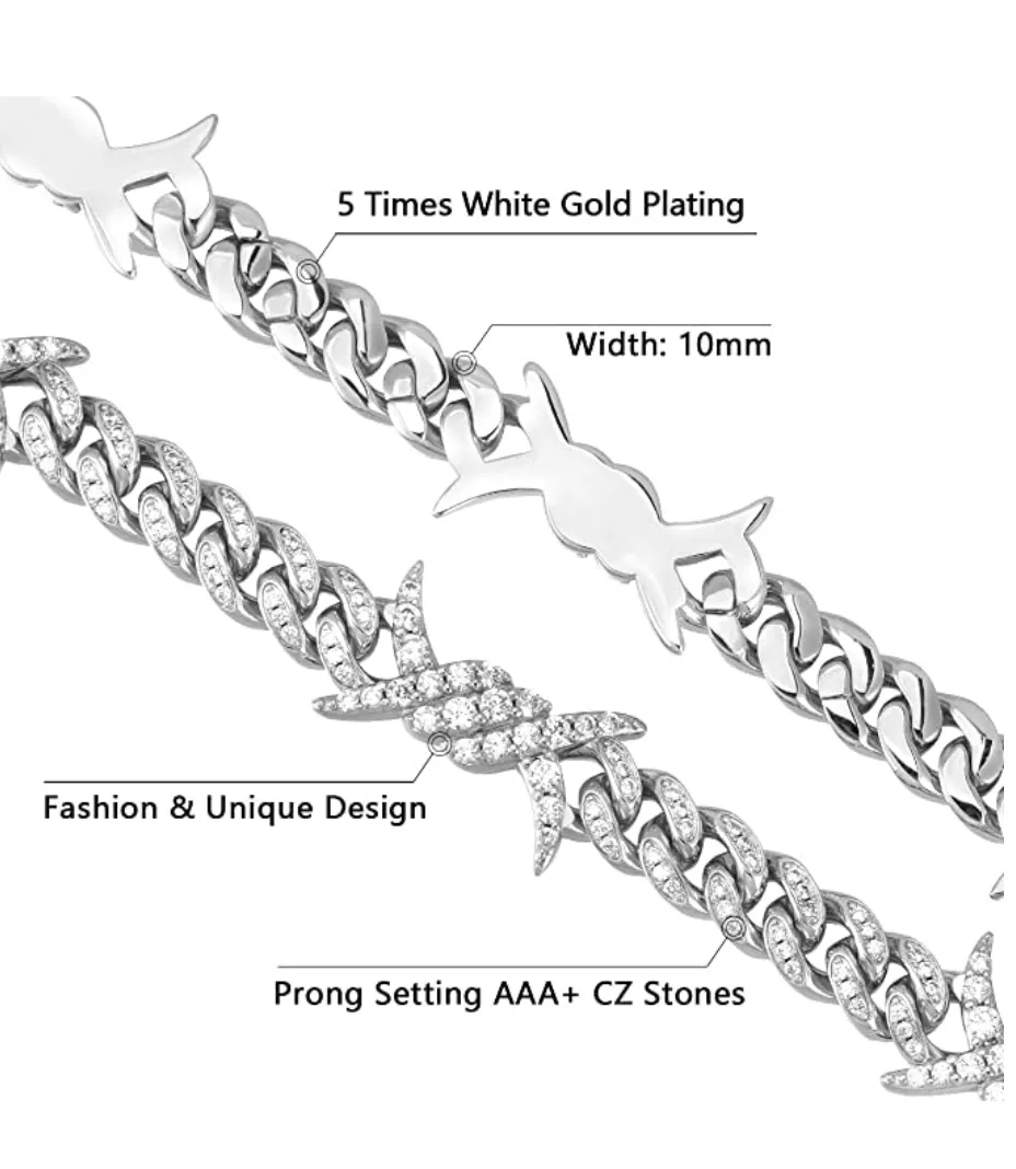 Barbwire Necklace Spike Cuban Link Chain Diamond Mens Hip Hop Rapper Barb Wire Twist Spiked Chain Gold Silver Metal Alloy 16 - 30in.