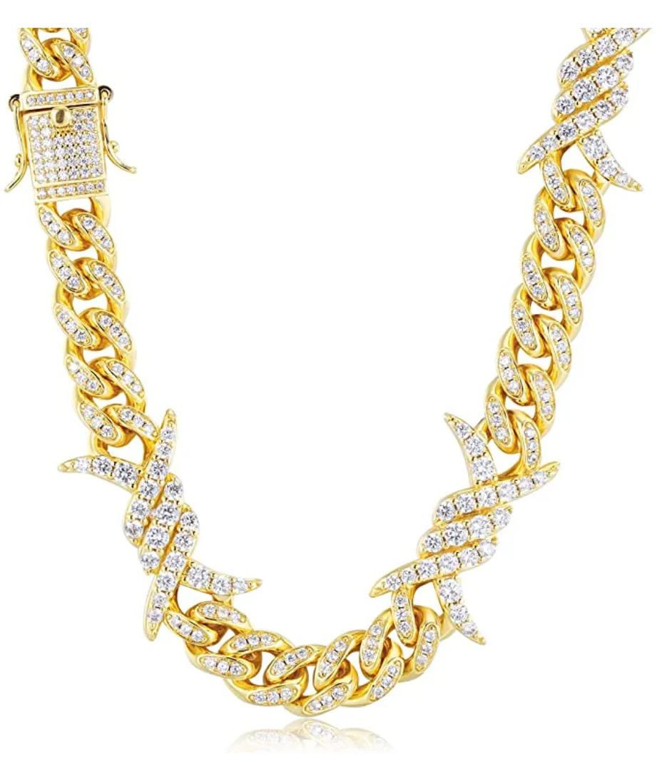 Barbwire Necklace Spike Cuban Link Chain Diamond Mens Hip Hop Rapper Barb Wire Twist Spiked Chain Gold Silver Metal Alloy 16 - 30in.