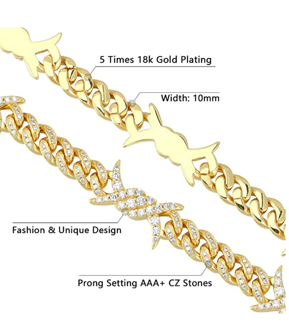 Barbwire Necklace Spike Cuban Link Chain Diamond Mens Hip Hop Rapper Barb Wire Twist Spiked Chain Gold Silver Metal Alloy 16 - 30in.