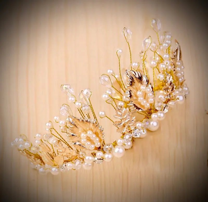 Baroque Style Gold Leaf Pearl & Crystal Wedding Tiara