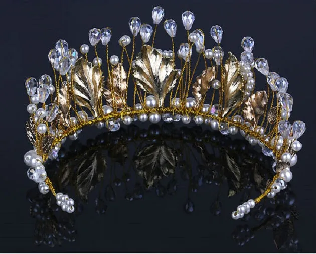 Baroque Style Gold Leaf Pearl & Crystal Wedding Tiara